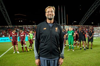 HONG KONG - JULY 22:  Jurgen Klopp Manager of Liverpool celebrates after the final during the Premier League Asia Trophy match between Liverpool FC and Leicester City FC at Hong Kong Stadium on July 22, 2017 in Hong Kong, Hong Kong.  (Photo by Stanley Cho
