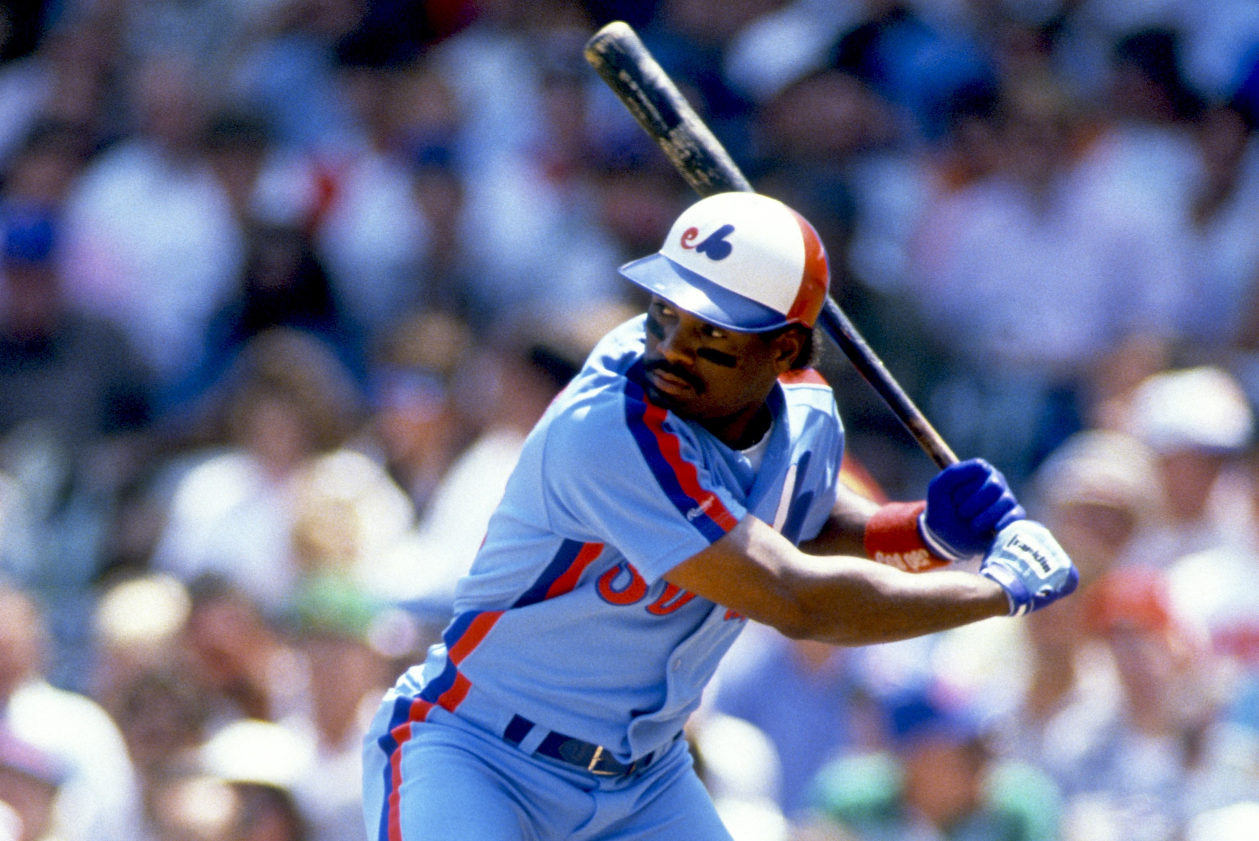 CHICAGO - JUNE 1989:  Tim Raines of the Montreal Expos bats during an MLB game versus the Chicago Cubs at Wrigley Field in Chicago, Illinois.  Raines played for the Expos from 1979-1990. (Photo by Ron Vesely/MLB Photos via Getty Images)