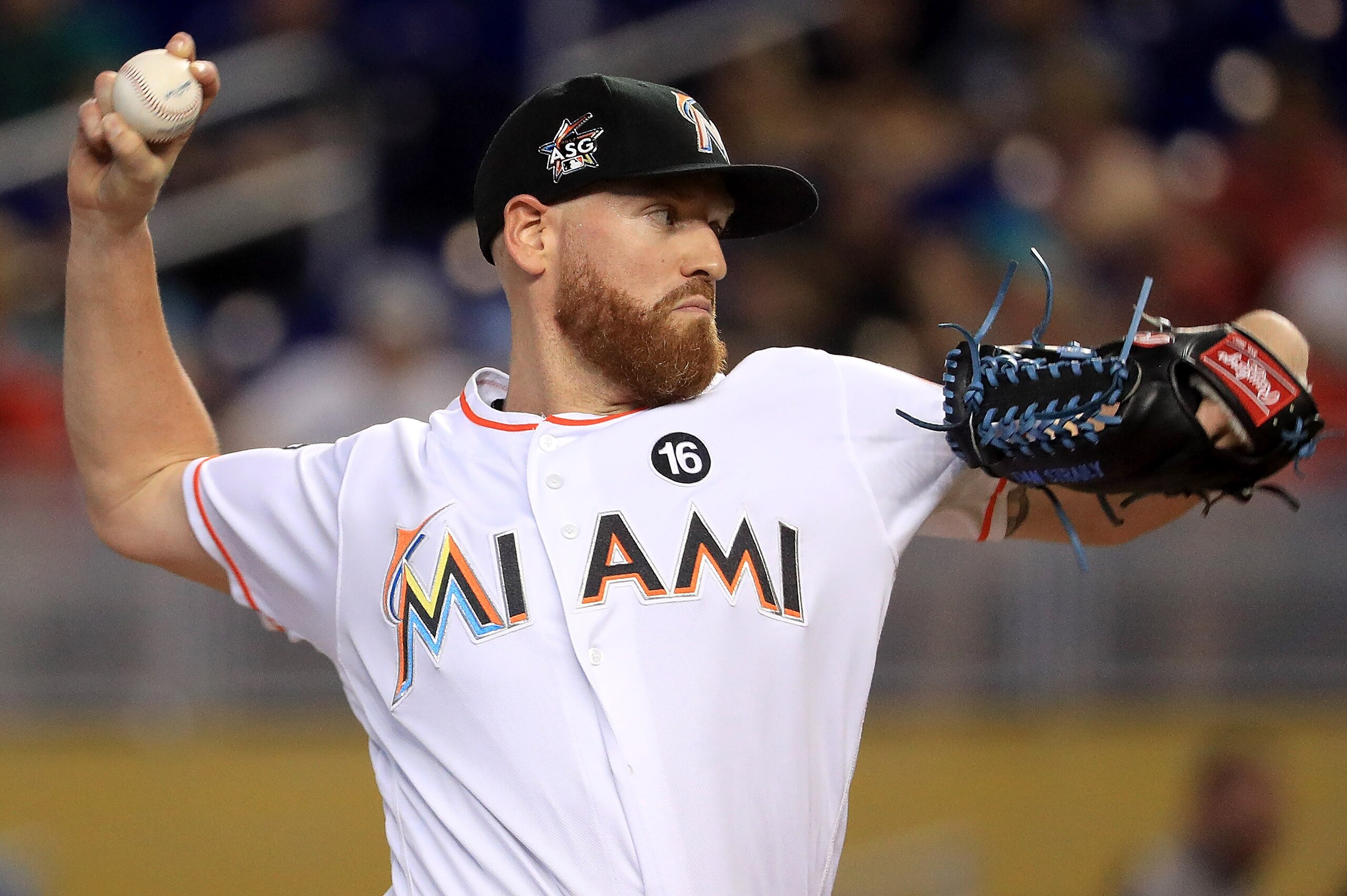 MIAMI, FL - JULY 19:  Dan Straily #58 of the Miami Marlins pitches during a game against the Philadelphia Phillies at Marlins Park on July 19, 2017 in Miami, Florida.  (Photo by Mike Ehrmann/Getty Images)