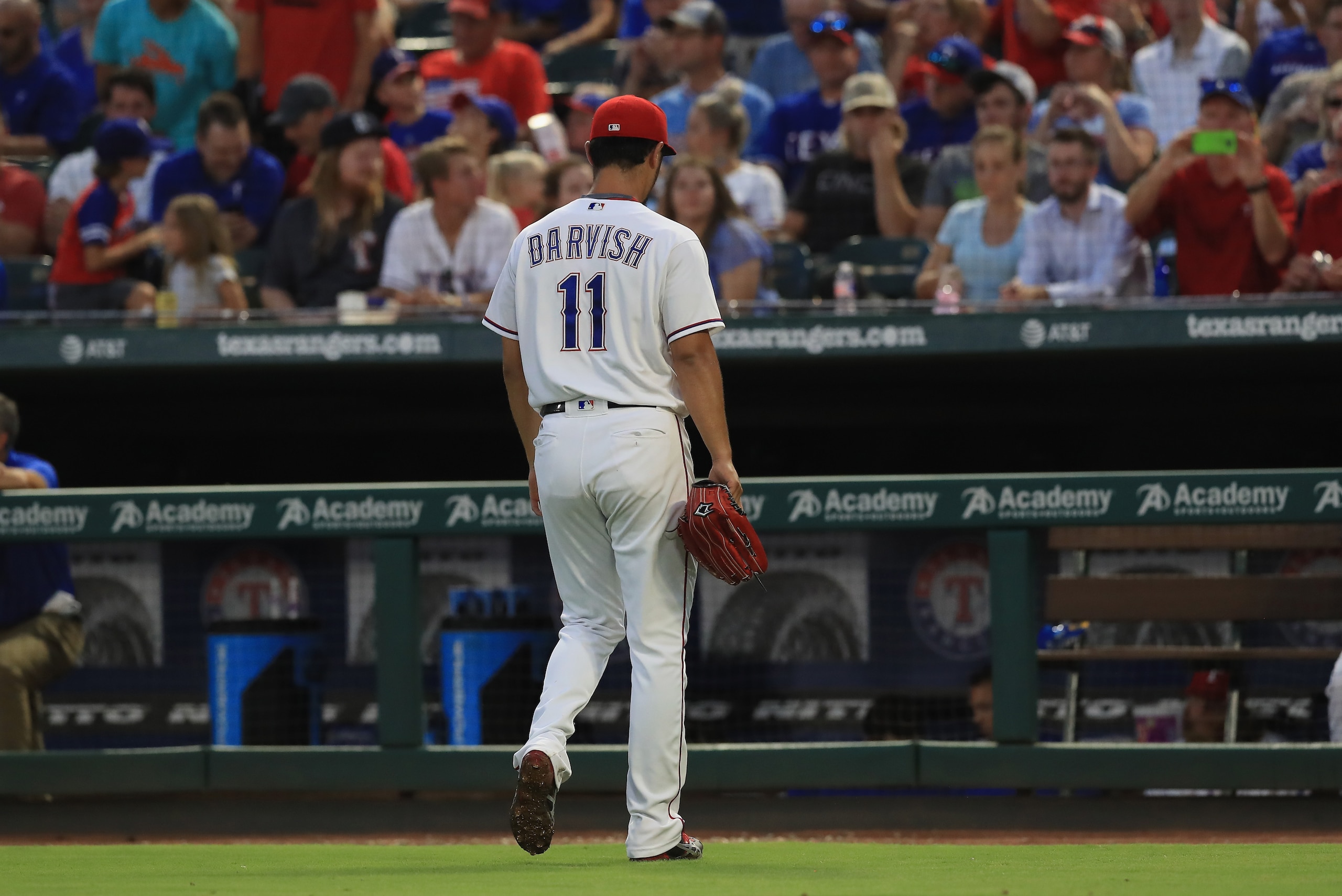 ARLINGTON, TX - JULY 26:  Yu Darvish #11 of the Texas Rangers leaves the game in the fourth inning against the Miami Marlins at Globe Life Park in Arlington on July 26, 2017 in Arlington, Texas.  (Photo by Ronald Martinez/Getty Images)