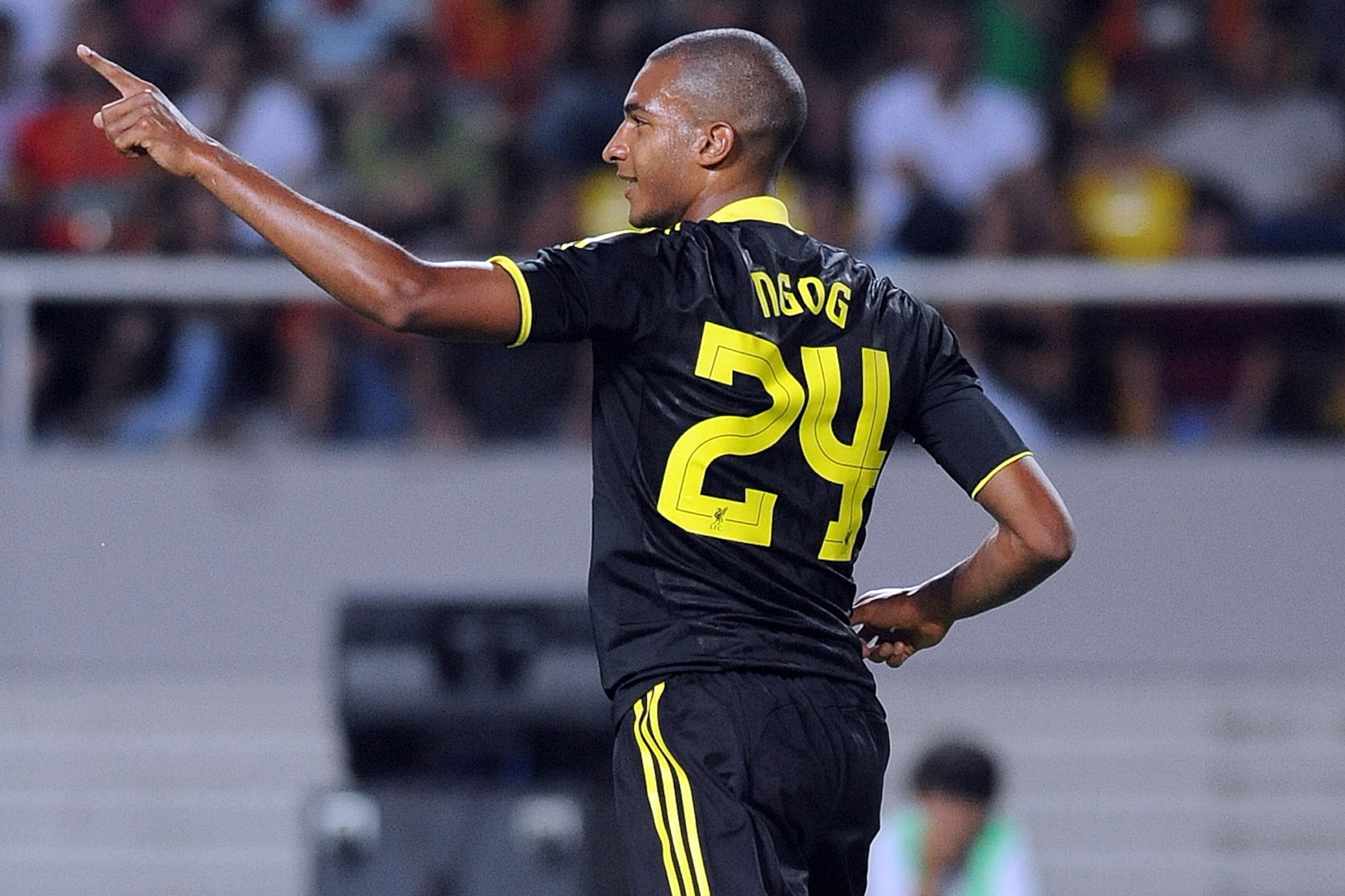 Liverpool's David Ngog celebrates after scoring against Rabotnicki during their UEFA League third qualifiing round first leg football match in Skopje on July 29,2010. AFP PHOTO / STR (Photo credit should read STR/AFP/Getty Images)