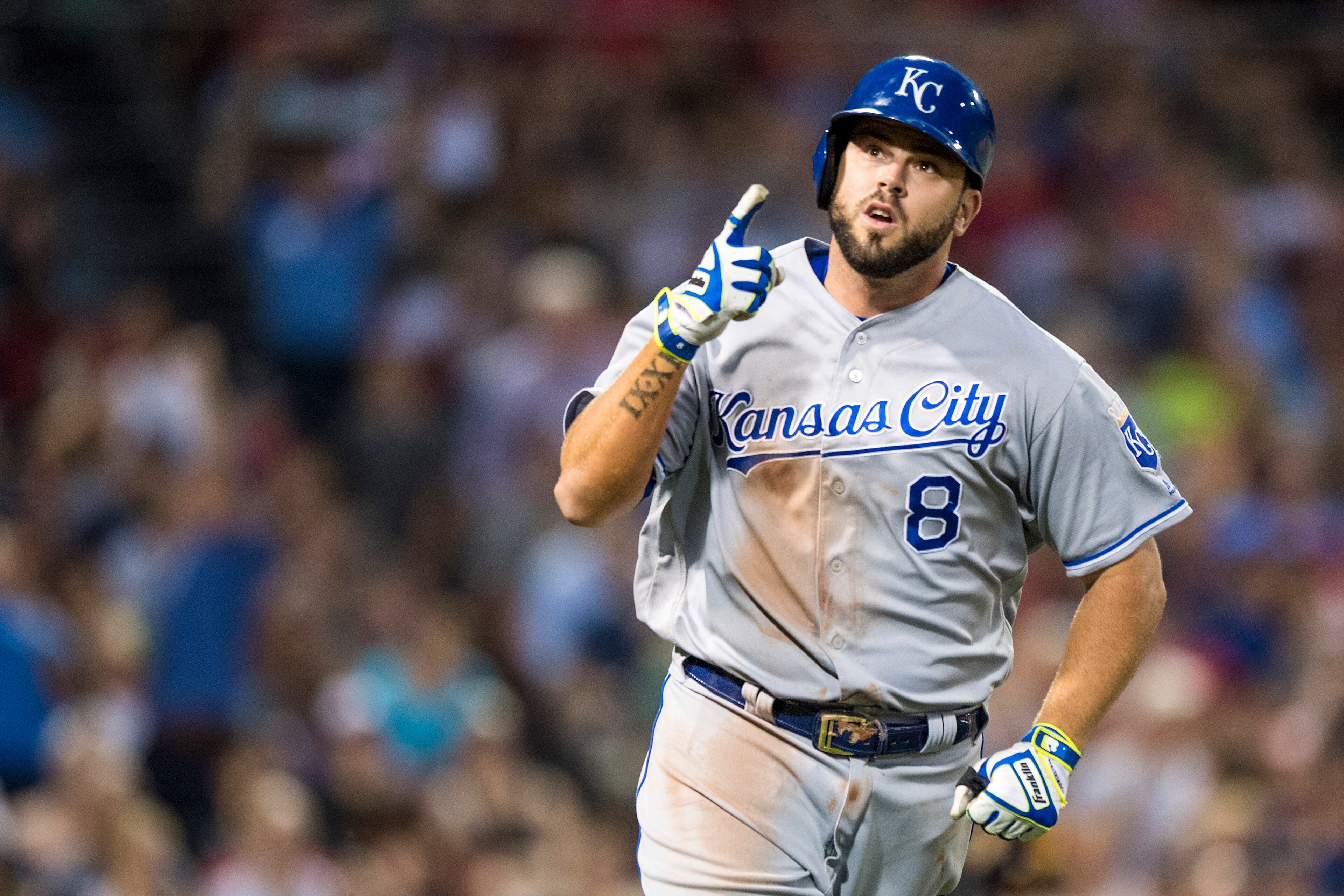 BOSTON, MA - JULY 28: Mike Moustakas #8 of the Kansas City Royals reacts after hitting a three run home run during the fourth inning of a game against the Boston Red Sox on July 28, 2017 at Fenway Park in Boston, Massachusetts. (Photo by Billie Weiss/Bost BOSTON, MA - JULY 28: Mike Moustakas #8 of the Kansas City Royals reacts after hitting a three run home run during the fourth inning of a game against the Boston Red Sox on July 28, 2017 at Fenway Park in Boston, Massachusetts. (Photo by Billie Weiss/Bost