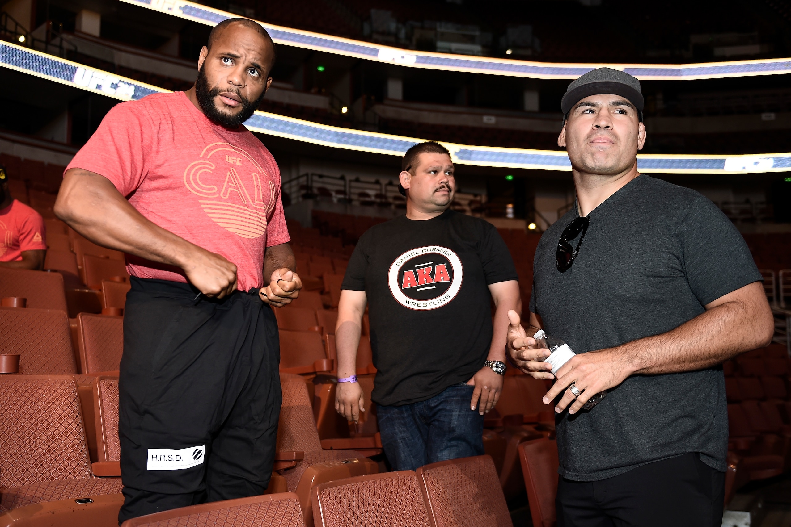 ANAHEIM, CA - JULY 28:  (L-R) Daniel Cormier and Cain Velasquez wait backstage during the UFC 214 weigh-in inside the Honda Center on July 28, 2017 in Anaheim, California. (Photo by Jeff Bottari/Zuffa LLC/Zuffa LLC via Getty Images)