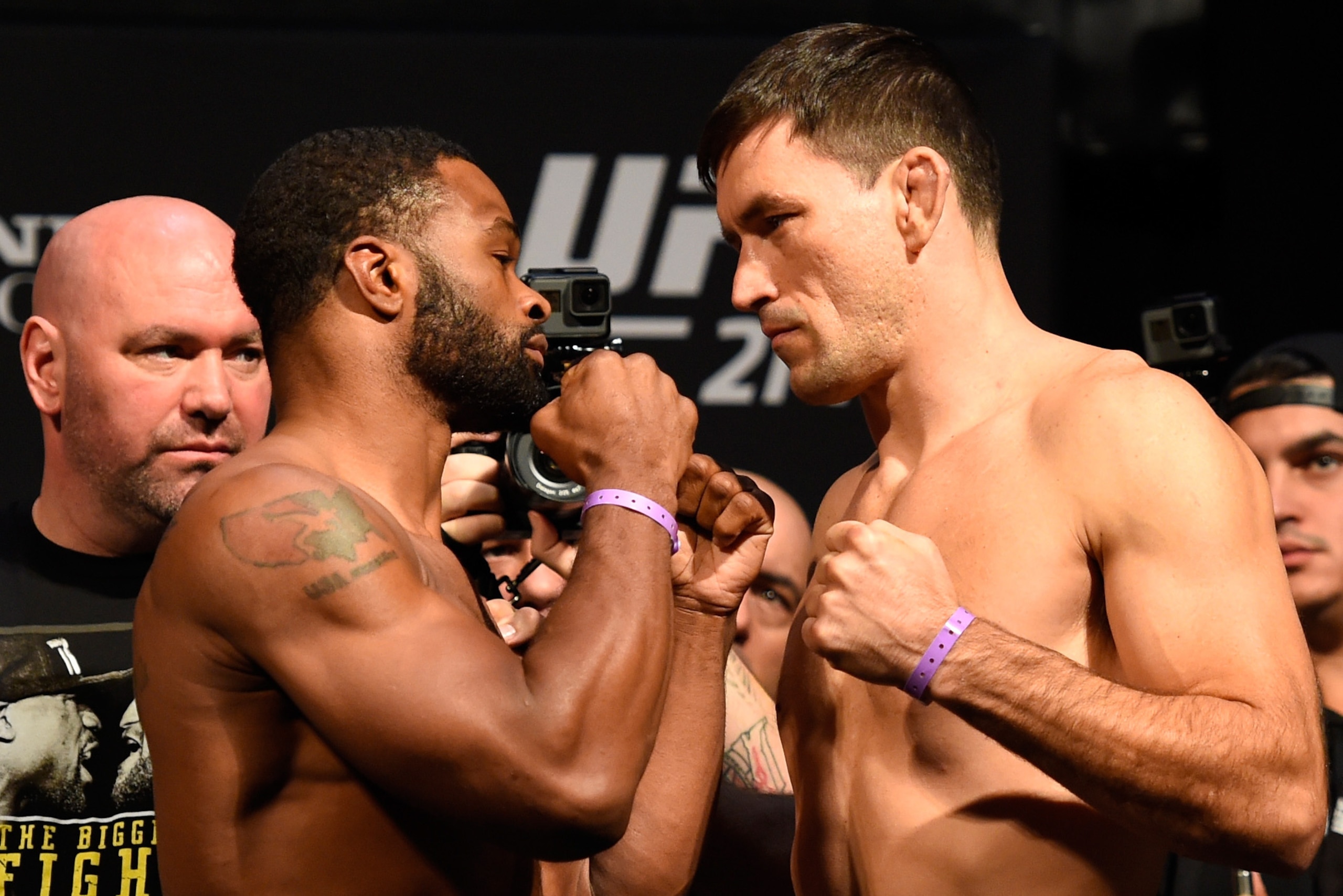 ANAHEIM, CA - JULY 28:   (L-R) Tyron Woodley and Demian Maia of Brazil face off during the UFC 214 weigh-in inside the Honda Center on July 28, 2017 in Anaheim, California. (Photo by Josh Hedges/Zuffa LLC/Zuffa LLC via Getty Images)
