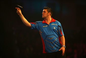 LONDON, ENGLAND - DECEMBER 18:  Daryl Gurney of Northern Ireland throws during his first round match against Jermaine Wattimena of the Netherlands during Day Four of the 2017 William Hill PDC World Darts Championships  at Alexandra Palace on December 18, 