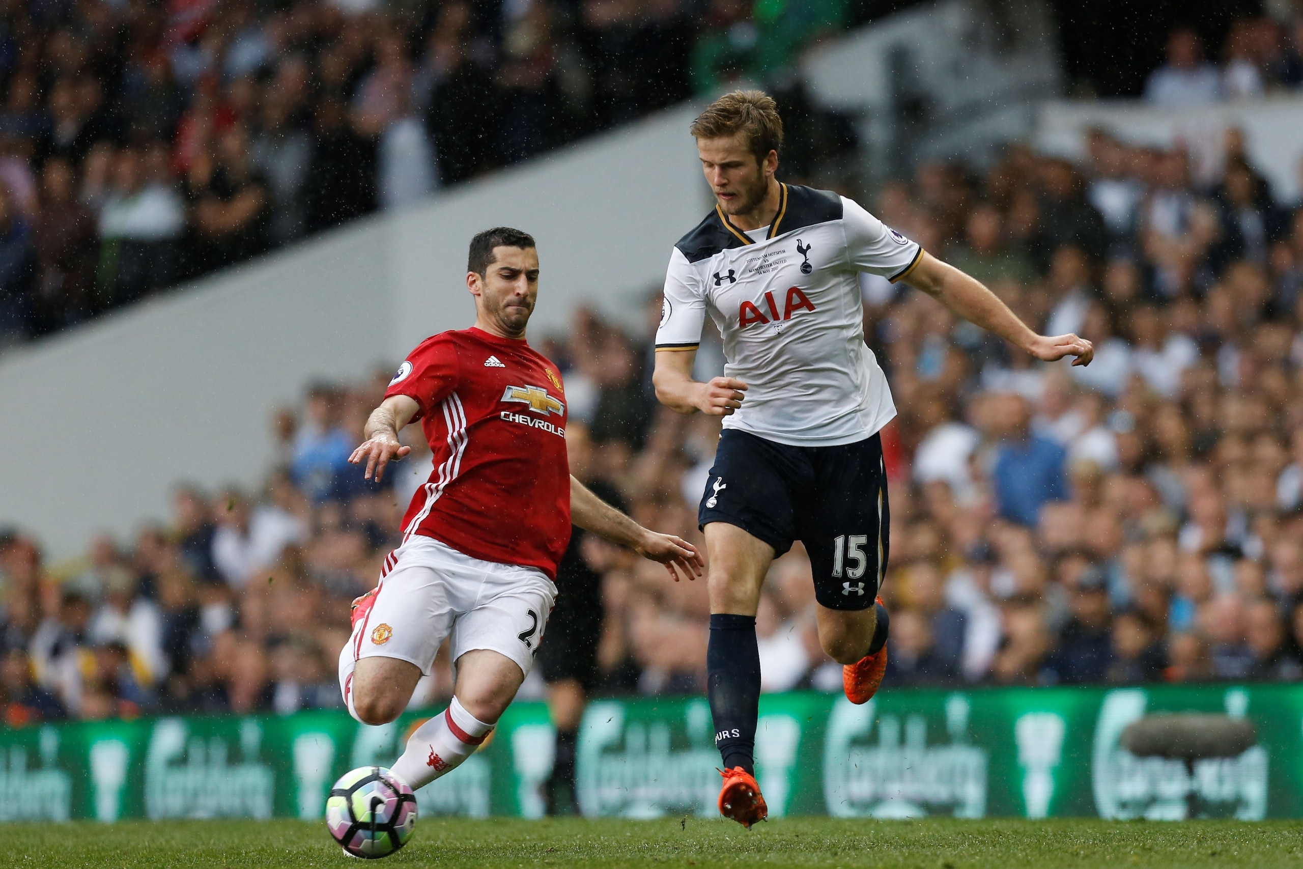 Manchester United's Armenian midfielder Henrikh Mkhitaryan (L) vies with Tottenham Hotspur's English defender Eric Dier during the English Premier League football match between Tottenham Hotspur and Manchester United at White Hart Lane in London, on May 1