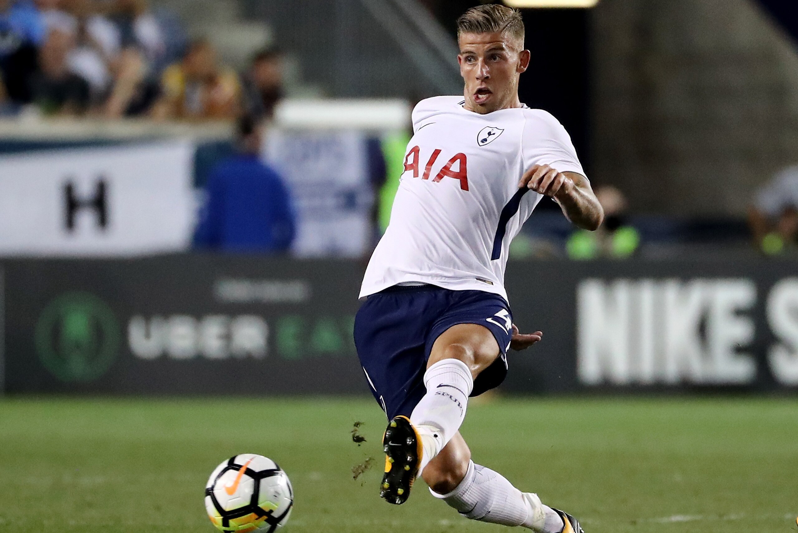 HARRISON, NJ - JULY 25:  Toby Alderweireld #4 of Tottenham Hotspur passes the ball in the second half against Roma during the International Champions Cup on July 25, 2017 at Red Bull Arena  in Harrison, New Jersey.  (Photo by Elsa/Getty Images)