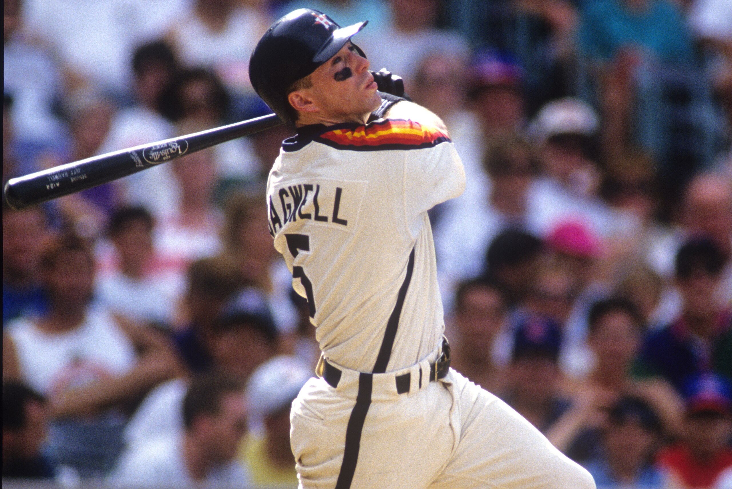 CHICAGO - UNDATED:  Jeff Bagwell of the Houston Astros bats during an MLB game versus the Chicago Cubs at Wrigley Field in Chicago, Illinois.  Bagwell played for the Astros from 1991-2005.  (Photo by Ron Vesely/MLB Photos via Getty Images)