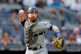 NEW YORK, NY - JUNE 25: Jonathan Lucroy #25 of the Texas Rangers in action against the New York Yankees during the eighth inning at Yankee Stadium on June 25, 2017 in the Bronx borough of New York City. (Photo by Adam Hunger/Getty Images)
