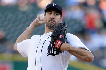 DETROIT, MI - July 24:  Justin Verlander #35 of the Detroit Tigers pitches against the Kansas City Royals during the first inning at Comerica Park on July 24, 2017 in Detroit, Michigan. (Photo by Duane Burleson/Getty Images)