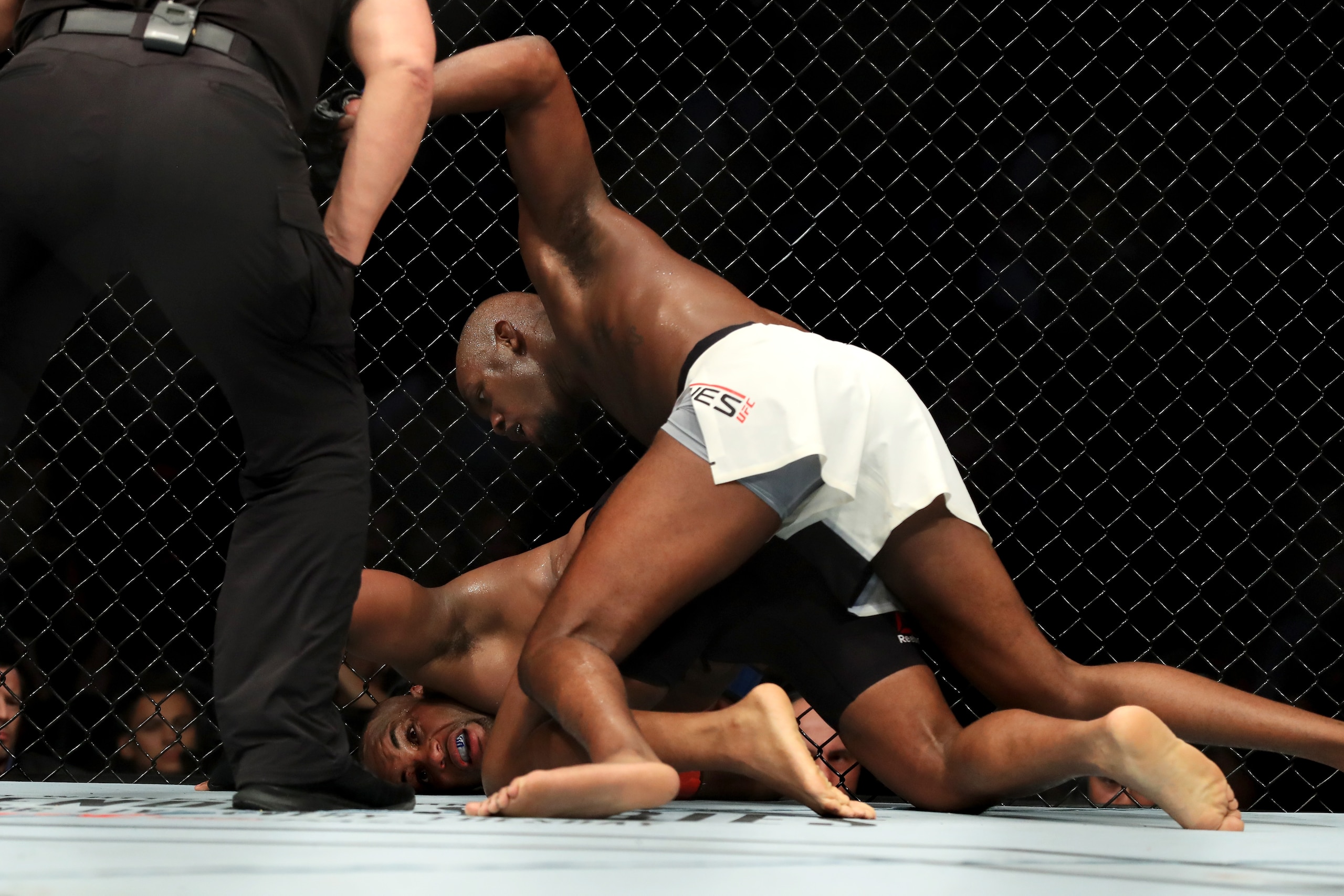 ANAHEIM, CA - JULY 29:  (R-L) Jon Jones knocks out Daniel Cormier during the UFC 214 event at Honda Center on July 29, 2017 in Anaheim, California.  (Photo by Sean M. Haffey/Getty Images)