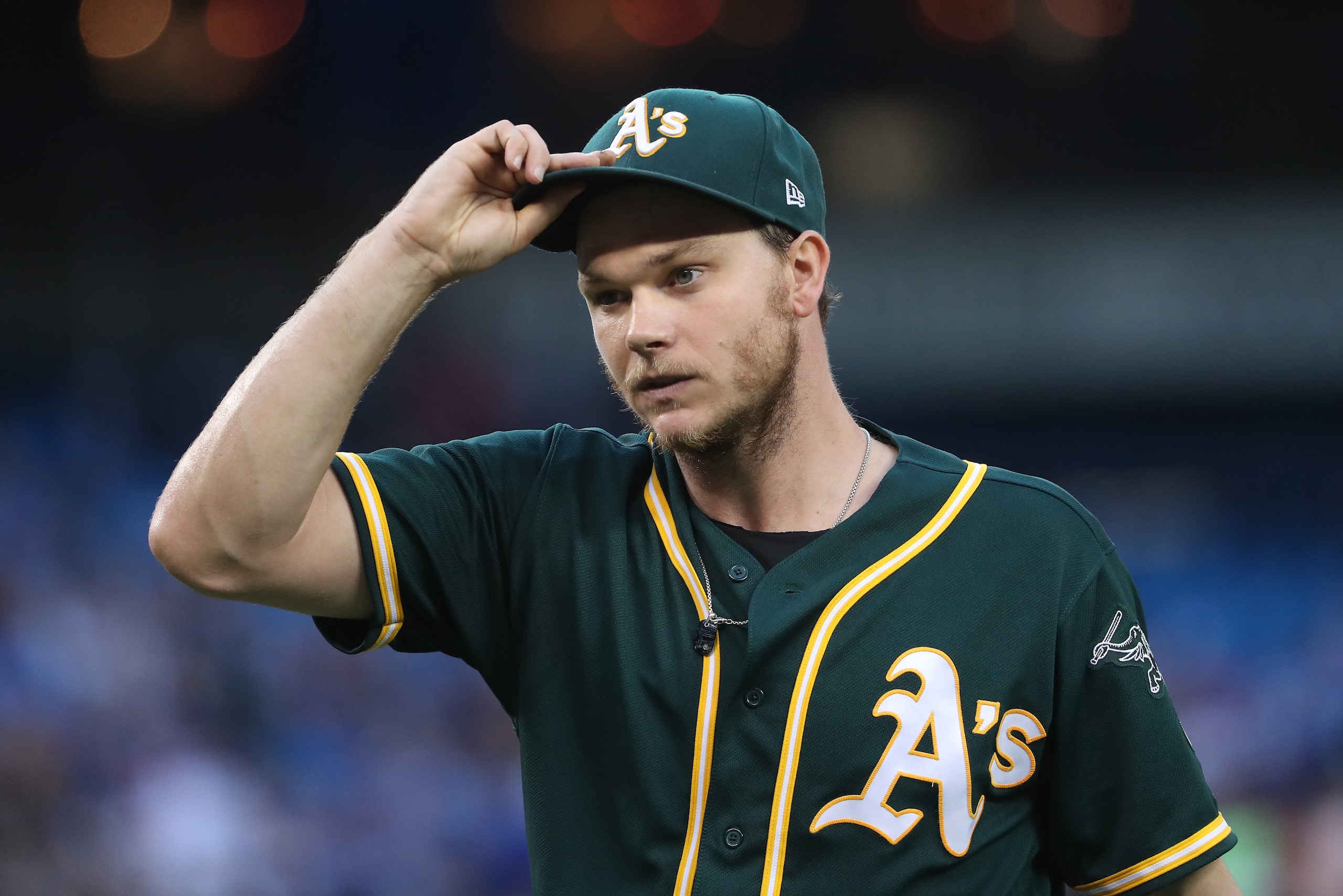 TORONTO, ON - JULY 25: Sonny Gray #54 of the Oakland Athletics walks to his dugout after retiring the side in the third inning during MLB game action against the Toronto Blue Jays at Rogers Centre on July 25, 2017 in Toronto, Canada. (Photo by Tom Szczerb
