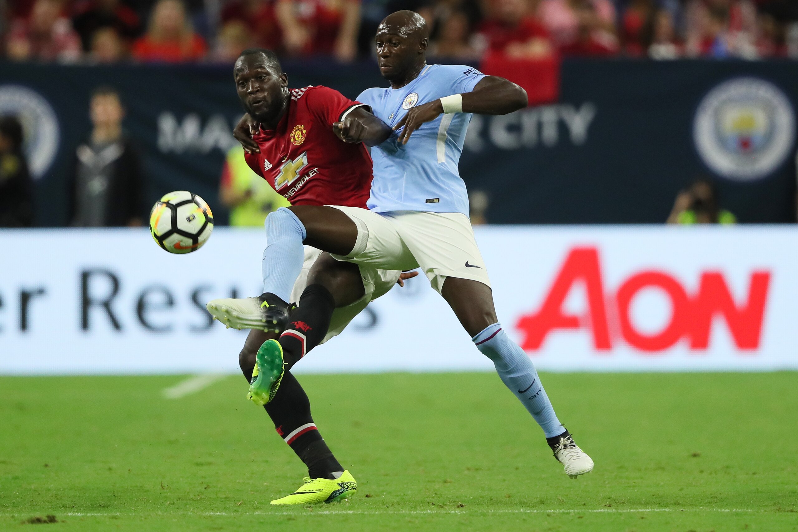 HOUSTON, TX - JULY 20: Romelu Lukaku of Manchester United and Eliaquim Mangala of Manchester City during the International Champions Cup 2017 match between Manchester United and Manchester City at NRG Stadium on July 20, 2017 in Houston, Texas. (Photo by 