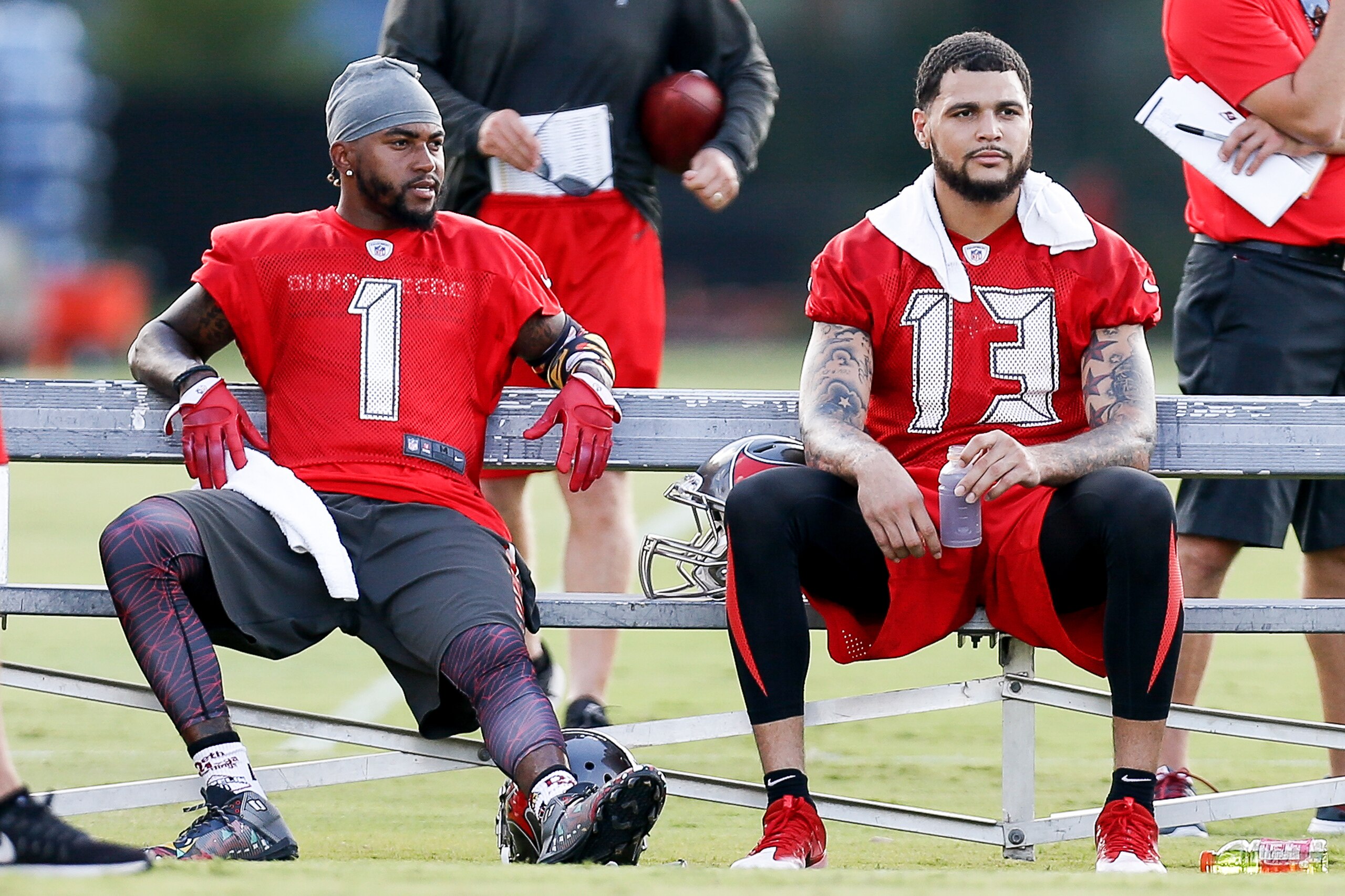 TAMPA, FL - JULY 29: Wide Receivers DeSean Jackson #1 and Mike Evans #13 of the Tampa Bay Buccaneers take a break during Training Camp at One Buc Place on July 29, 2017 in Tampa, Florida. (Photo by Don Juan Moore/Getty Images)