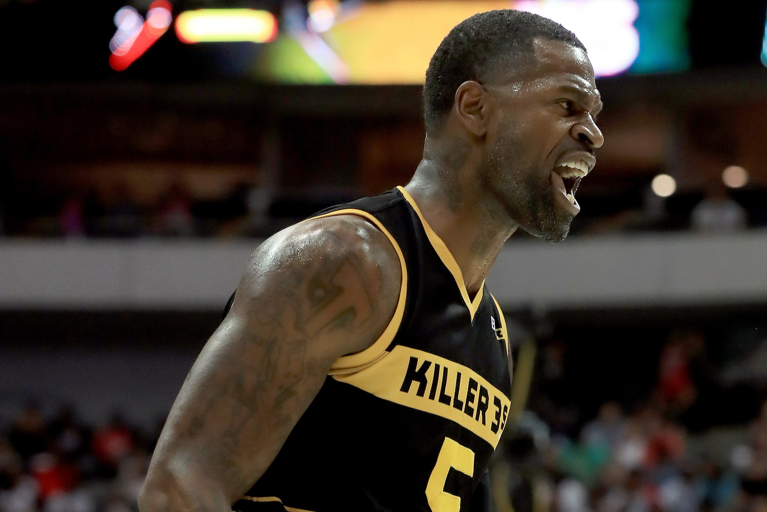 DALLAS, TX - JULY 30:   Stephen Jackson #5 of the Killer 3s reacts against the Ball Hogs during week six of the BIG3 three on three basketball league at American Airlines Center on July 30, 2017 in Dallas, Texas. (Photo by Ronald Martinez/BIG3/Getty Image