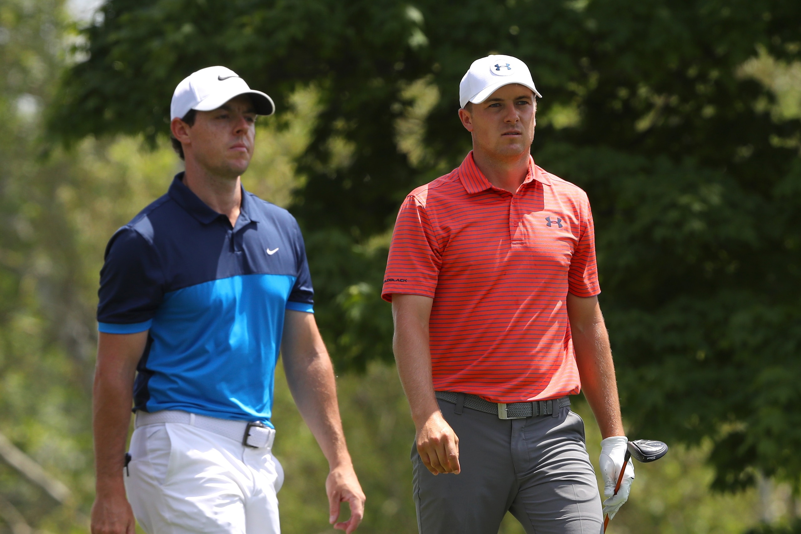 DUBLIN, OH - JUNE 03:  Rory McIlroy of Northern Ireland and Jordan Spieth walk off the tee on the fourth hole during the second round of The Memorial Tournament at Muirfield Village Golf Club on June 3, 2016 in Dublin, Ohio.  (Photo by Sam Greenwood/Getty