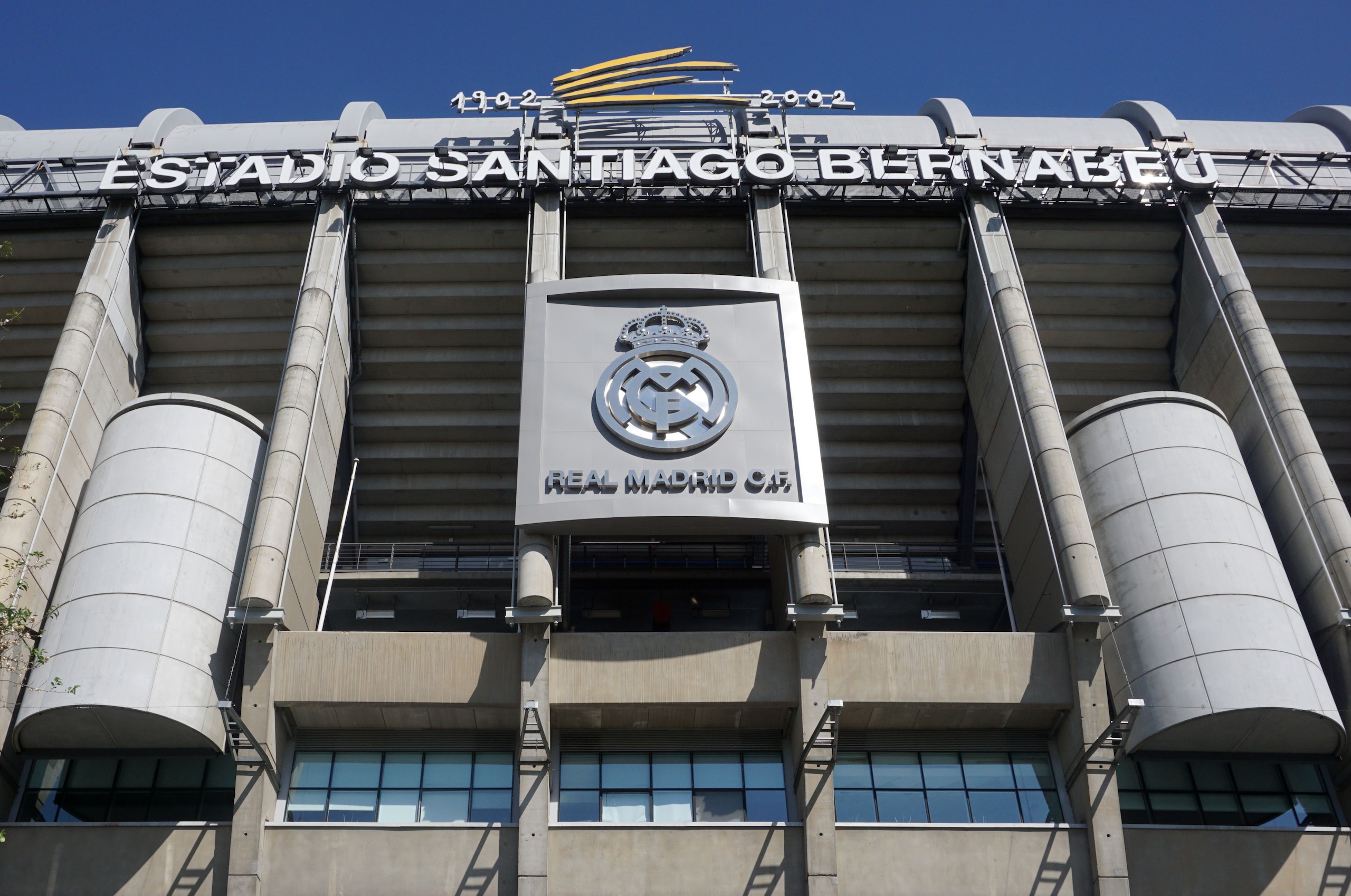 Outside view of the Estadio Santiago Bernabeu stadium in Madrid, Spain, pictured on April 16, 2017. / AFP PHOTO / Christof STACHE        (Photo credit should read CHRISTOF STACHE/AFP/Getty Images)
