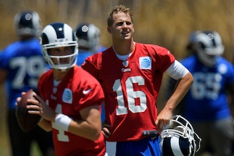 Jared Goff watches Sean Mannion work at training camp.