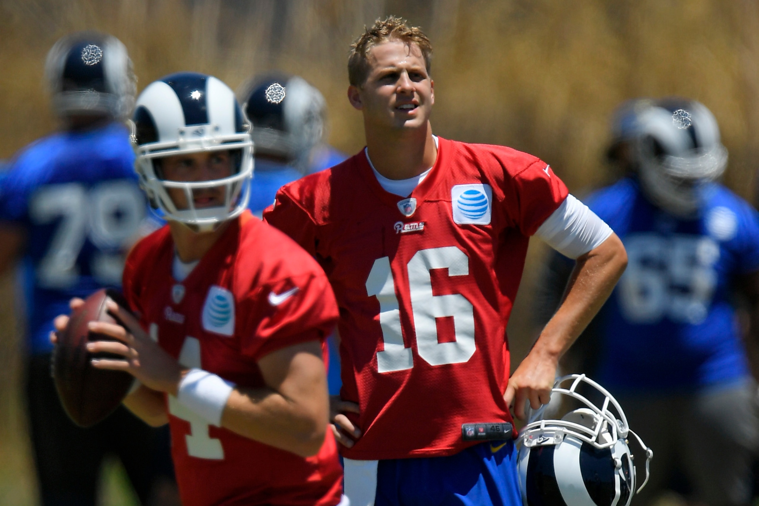 Jared Goff watches Sean Mannion work at training camp.