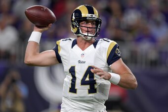 Sep 1, 2016; Minneapolis, MN, USA; Los Angeles Rams quarterback Sean Mannion (14) throws a pass against the Minnesota Vikings during a NFL game at U.S. Bank Stadium. Mandatory Credit: Kirby Lee-USA TODAY Sports