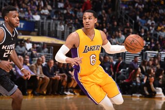 LOS ANGELES, CA - APRIL 7:  Jordan Clarkson #6 of the Los Angeles Lakers handles the ball during a game against the Sacramento Kings on April 7, 2017 at STAPLES Center in Los Angeles, California. NOTE TO USER: User expressly acknowledges and agrees that, 