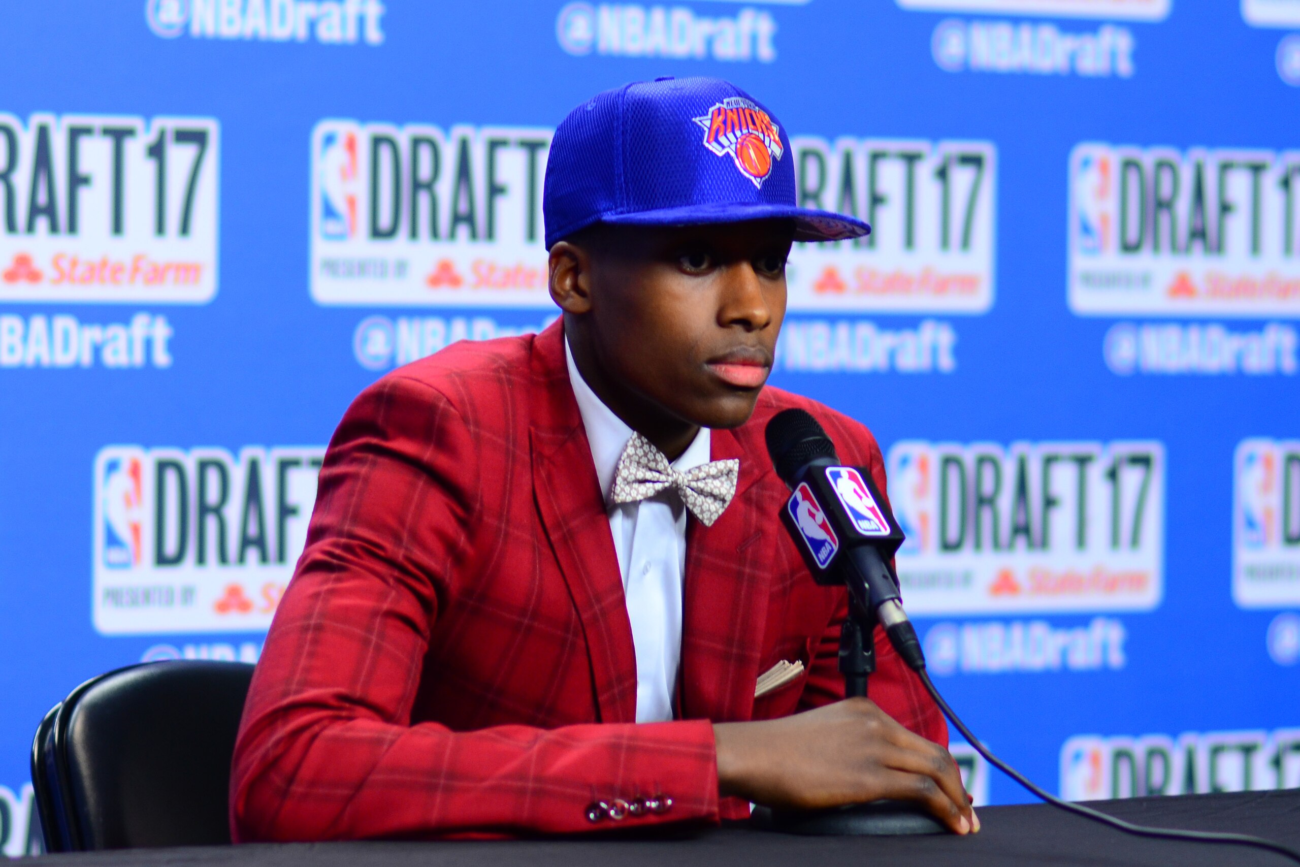 BROOKLYN, NY - JUNE 22: Frank Ntilikina of the New York Knicks talks to the media after being selected eighth overall at the 2017 NBA Draft on June 22, 2017 at Barclays Center in Brooklyn, New York. NOTE TO USER: User expressly acknowledges and agrees tha