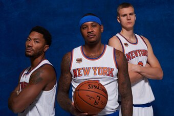 WHITE PLAINS, NY - SEPTEMBER 26:  Derrick Rose #25, Carmelo Anthony #7 and Kristaps Porzingis #6 of the New York Knicks pose for a portrait during media day at the Ritz Carlton in White Plains, New York on September 26, 2016. NOTE TO USER: User expressly 