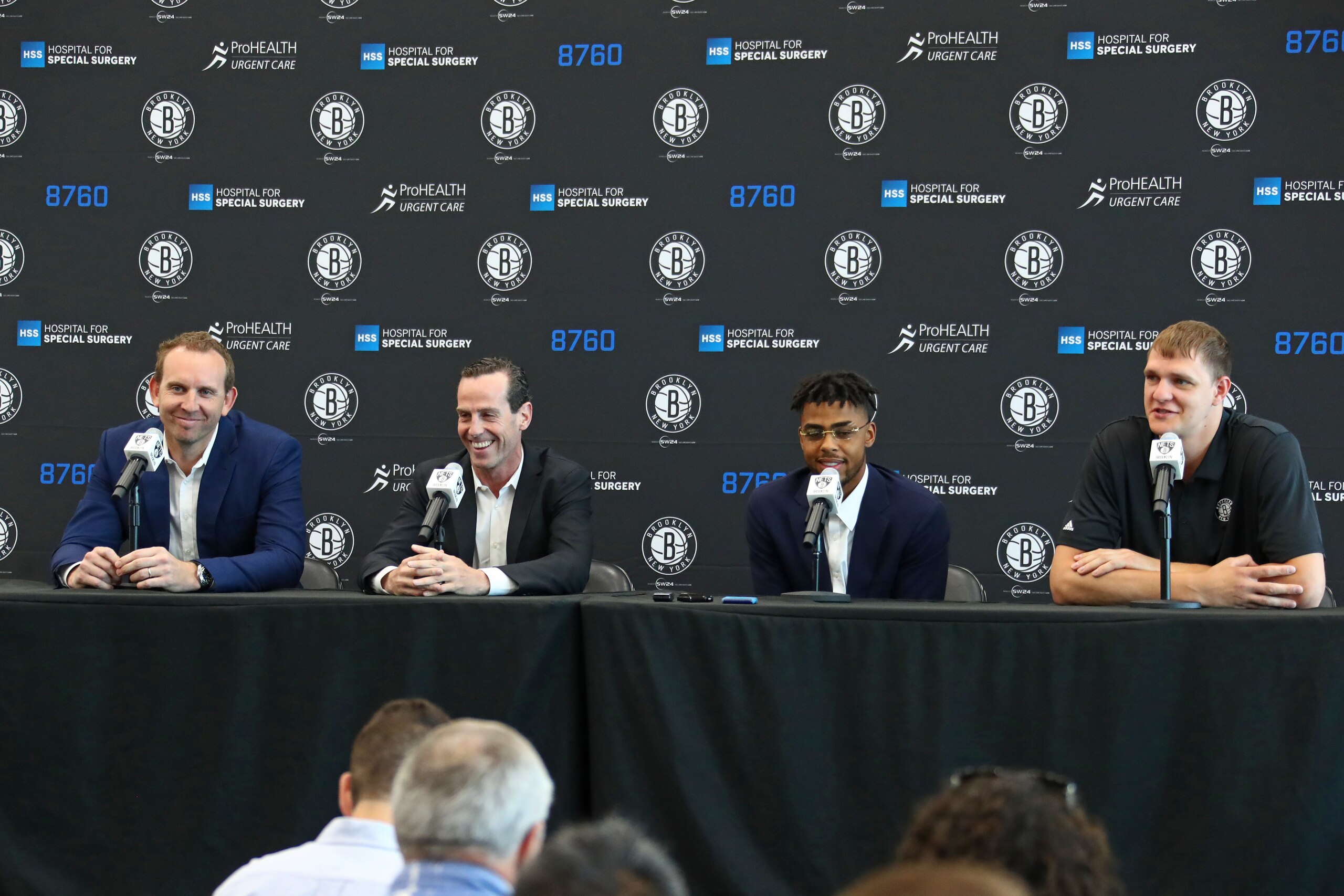 BROOKLYN, NY - JUNE 26:  Sean Marks, GM of the Brooklyn Nets, amd Kenny Atkinson introduce D'Angelo Russell and Timofey Mozgov during a press conference on June 26, 2017 at HSS Training Center in Brooklyn, New York. NOTE TO USER: User expressly acknowledg