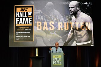 LAS VEGAS, NEVADA - JULY 11:   Bas Rutten gives his acceptance speech as he is inducted into the UFC Hall of Fame at the UFC Fan Expo in the Sands Expo and Convention Center on July 11, 2015 in Las Vegas Nevada. (Photo by Brandon Magnus/Zuffa LLC/Zuffa LL