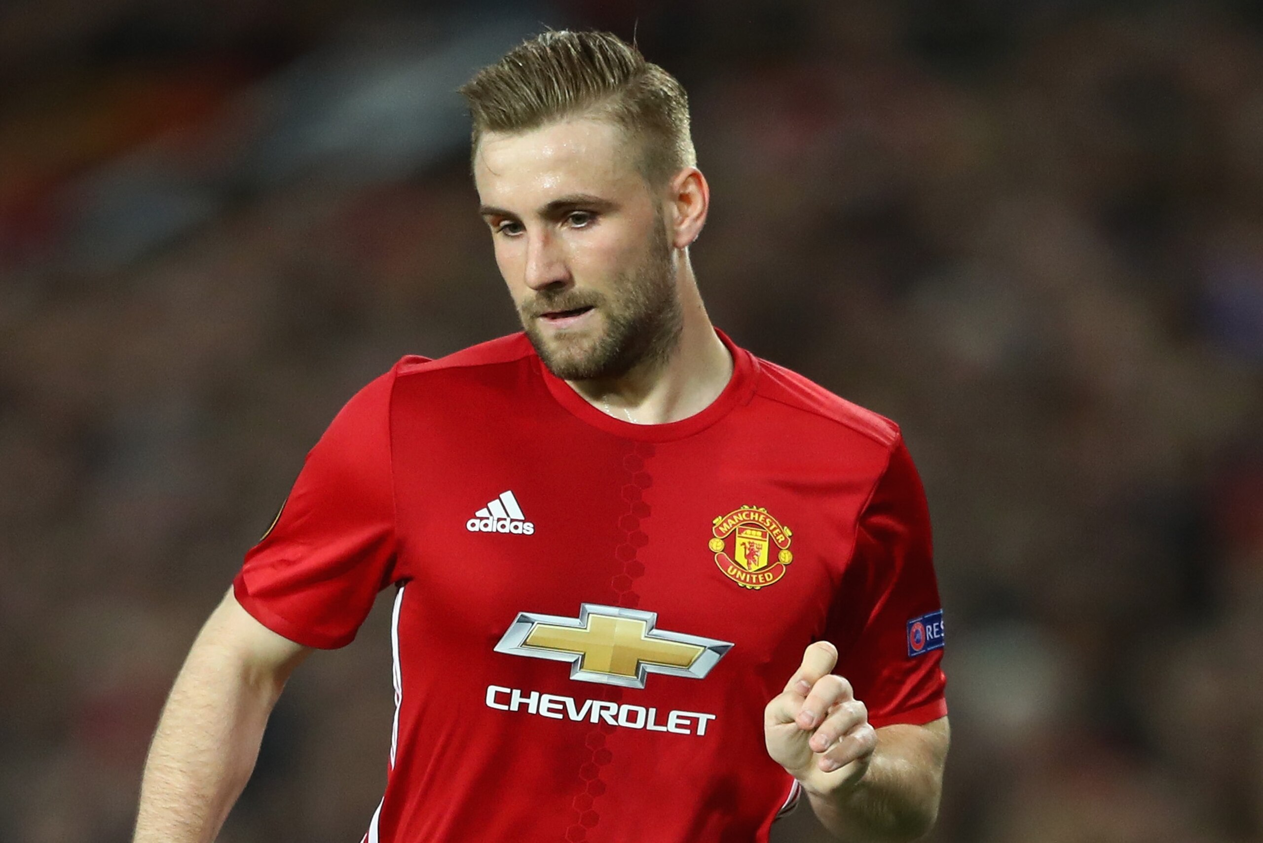 MANCHESTER, ENGLAND - APRIL 20:  Luke Shaw of Manchester United prepares to take a corner during the UEFA Europa League quarter- final second leg match between Manchester United and RSC Anderlecht at Old Trafford on April 20, 2017 in Manchester, United Ki