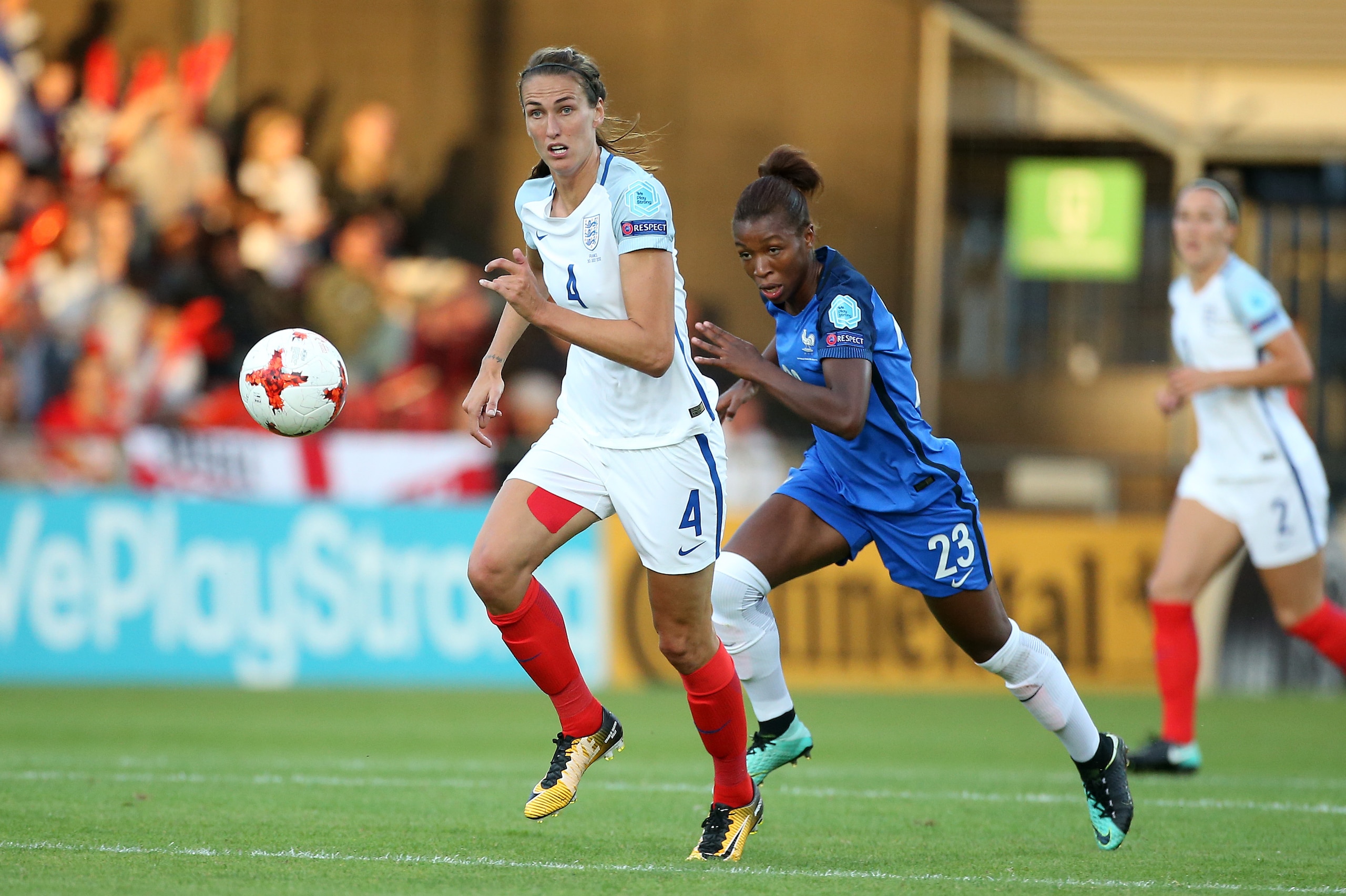 DEVENTER, THE NETHERLANDS - JULY 30: Jill Scott of England and Grace Geyoro of France during the UEFA Women's Euro 2017 quarter final match between England and France at Stadion De Adelaashorst on July 30, 2017 in Deventer, The Netherlands. (Photo by Jean