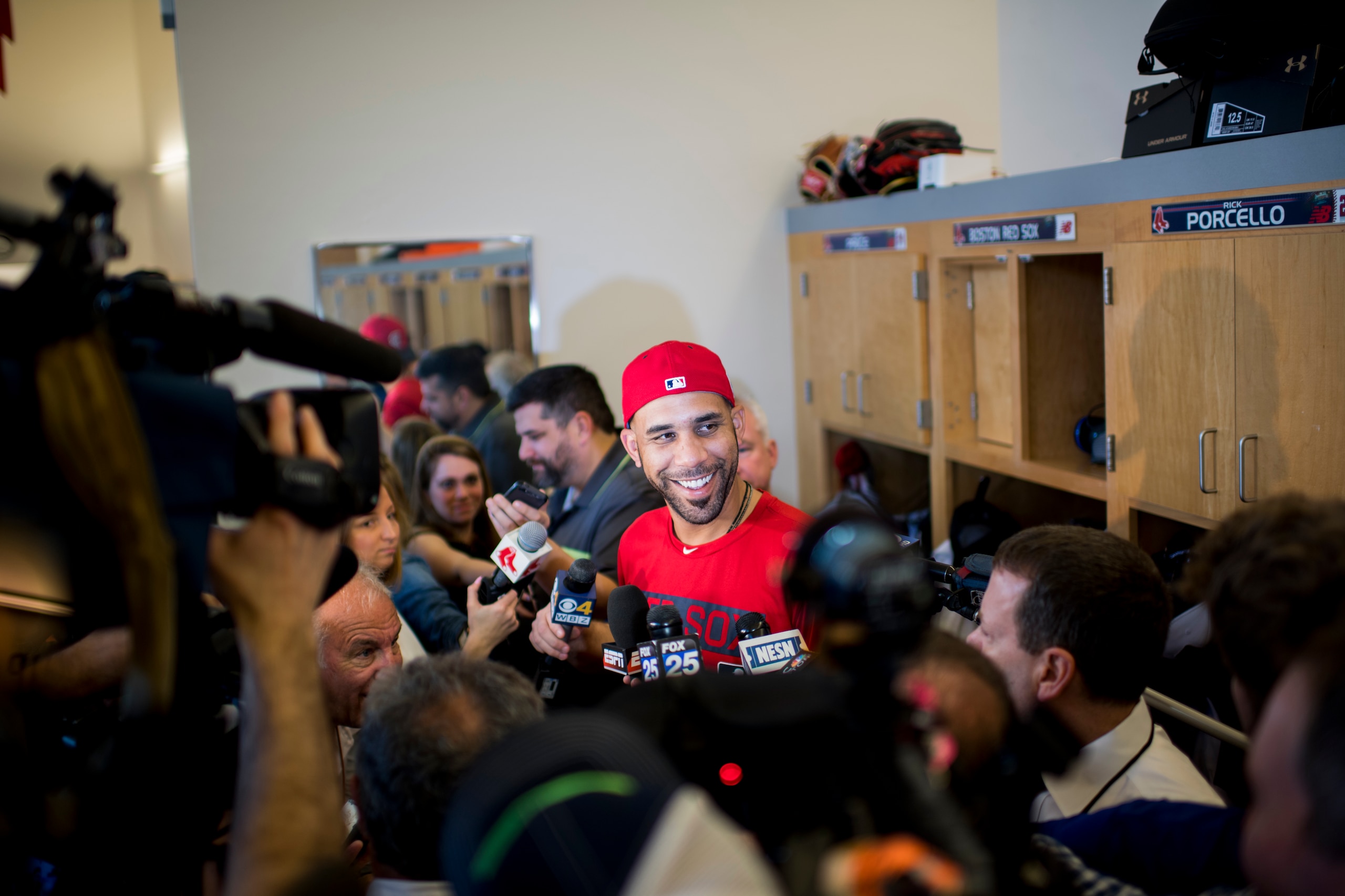FORT MYERS, FL- FEBRUARY 14:  David Price #24 of the Boston Red Sox talks with members of the media on February 14, 2017 at jetBlue Park in Fort Myers, Florida.   (Photo by Michael Ivins/Boston Red Sox) *** LOCAL CAPTION *** David Price