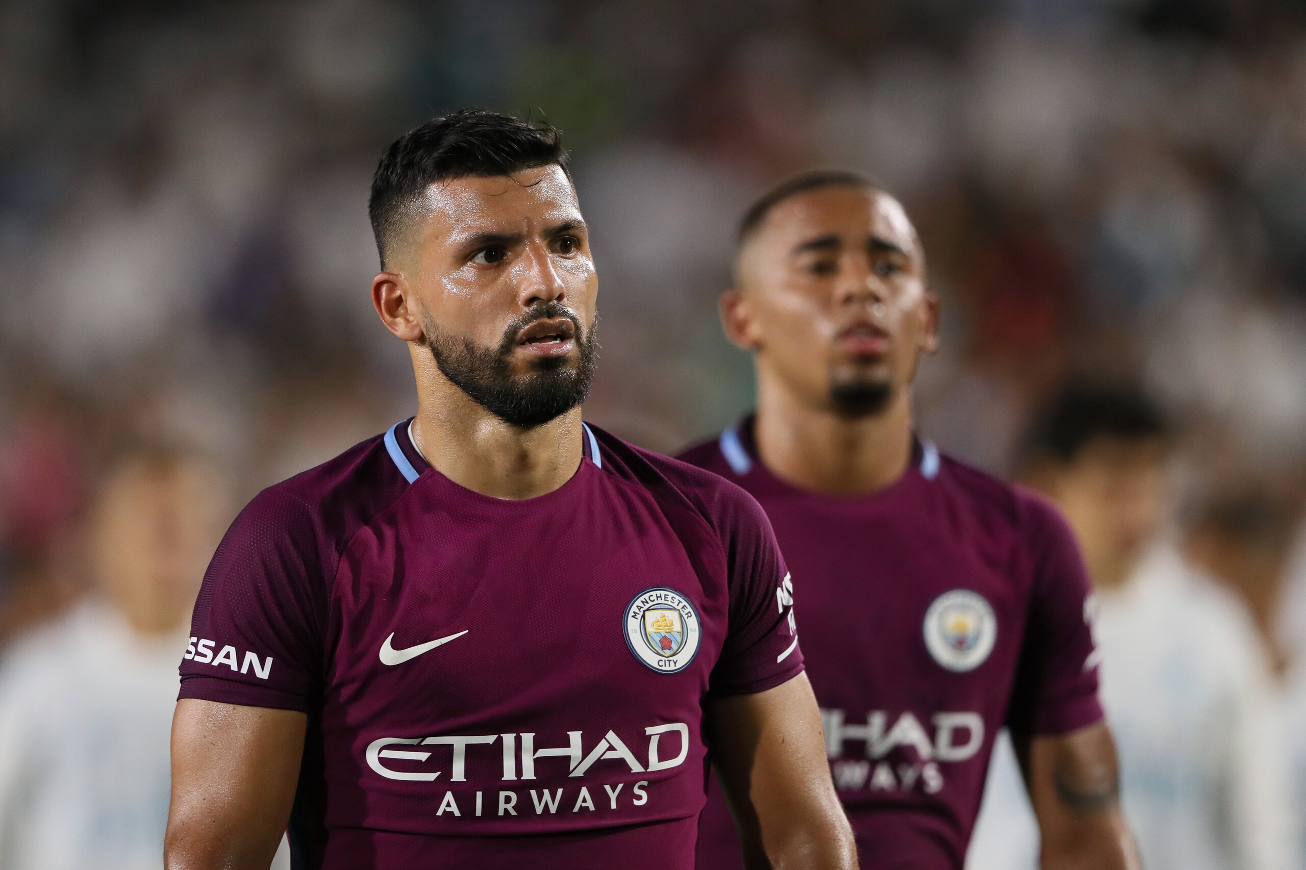 LOS ANGELES, CA - JULY 26: Sergio Aguero of Manchester City during the International Champions Cup 2017 match between Manchester City and Real Madrid at Los Angeles Memorial Coliseum on July 26, 2017 in Los Angeles, California. (Photo by Matthew Ashton - 