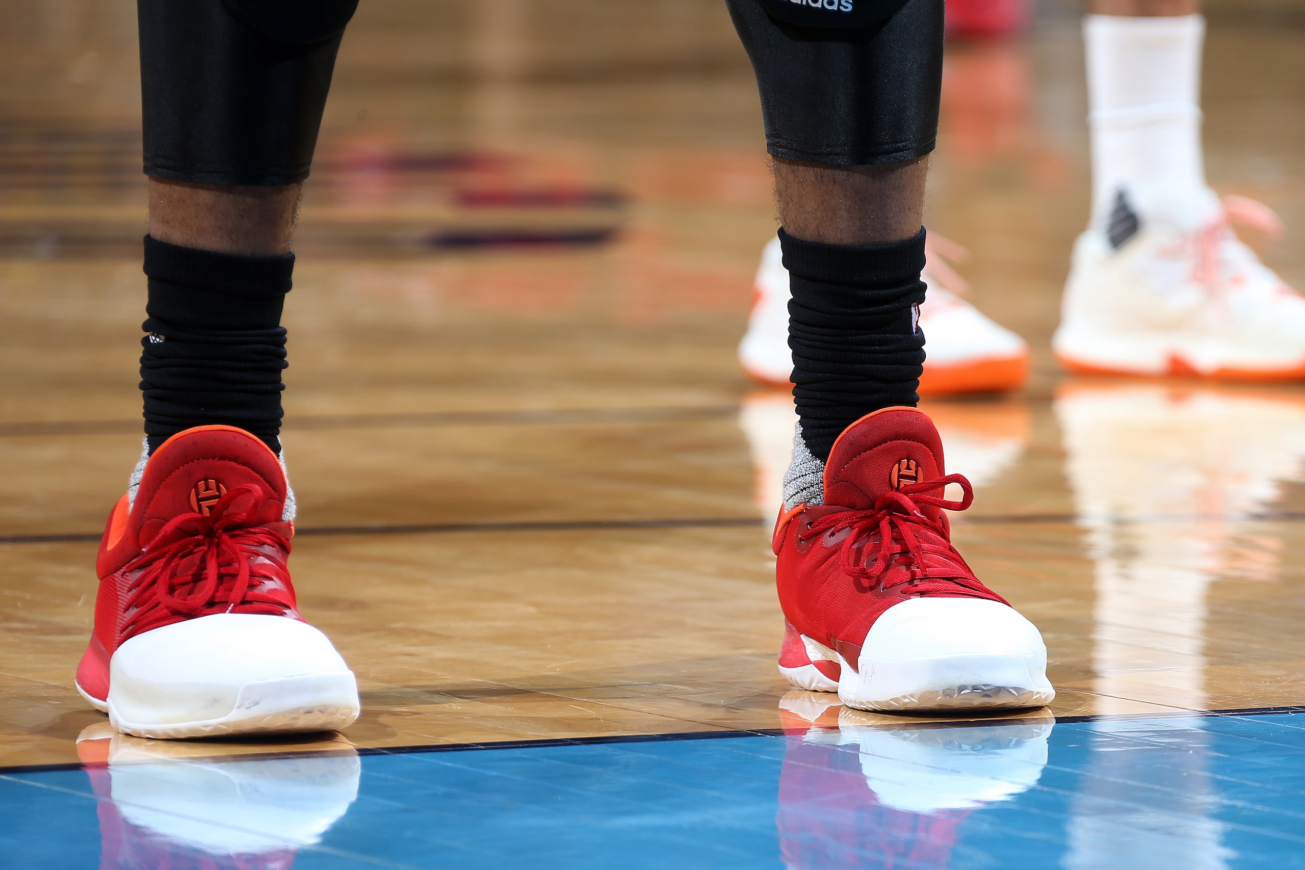 OKLAHOMA CITY, OK- APRIL 21: The sneakers of James Harden #13 of the Houston Rockets during the game against the Oklahoma City Thunder during the Western Conference Quarter-finals of the 2017 NBA Playoffs on April 21, 2017 at Chesapeake Energy Arena in Ok