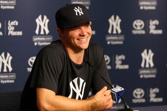 NEW YORK, NY - AUGUST 01:  Sonny Gray #55 of the New York Yankees speaks to the media prior to a game against the Detroit Tigers at Yankee Stadium on August 1, 2017 in the Bronx borough of New York City.  (Photo by Jim McIsaac/Getty Images)