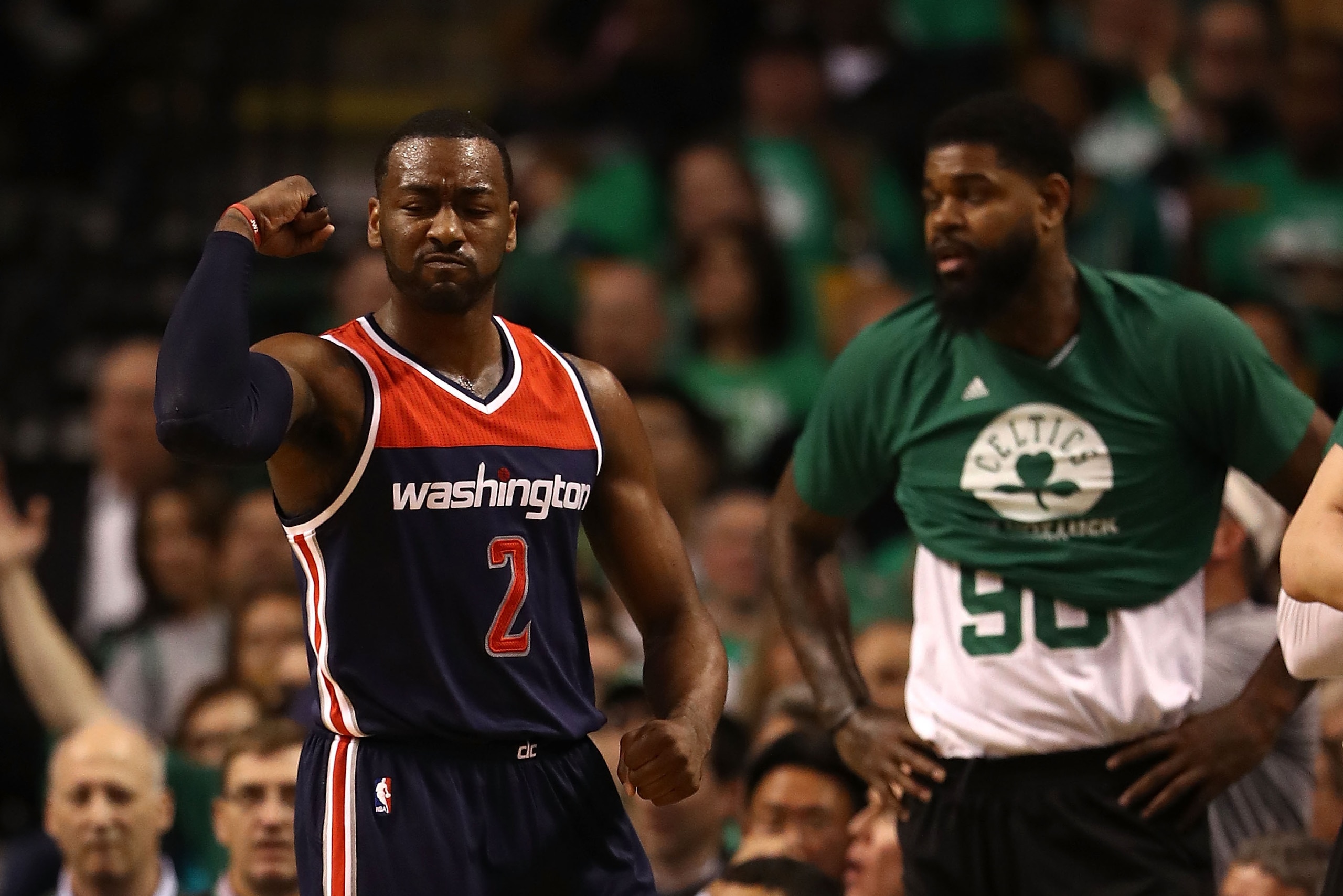 BOSTON, MA - MAY 15: John Wall #2 of the Washington Wizards reacts against the Boston Celtics during Game Seven of the NBA Eastern Conference Semi-Finals at TD Garden on May 15, 2017 in Boston, Massachusetts. NOTE TO USER: User expressly acknowledges an BOSTON, MA - MAY 15: John Wall #2 of the Washington Wizards reacts against the Boston Celtics during Game Seven of the NBA Eastern Conference Semi-Finals at TD Garden on May 15, 2017 in Boston, Massachusetts. NOTE TO USER: User expressly acknowledges an