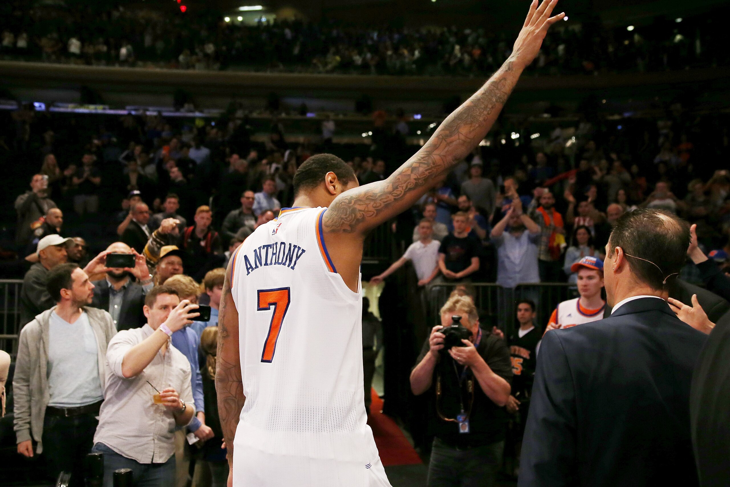 NEW YORK, NY - APRIL 12:  Carmelo Anthony #7 of the New York Knicks waves to the fans as he walks off the court after the 114-113 win over the Philadelphia 76ers at Madison Square Garden on April 12, 2017 in New York City. NOTE TO USER: User expressly ack
