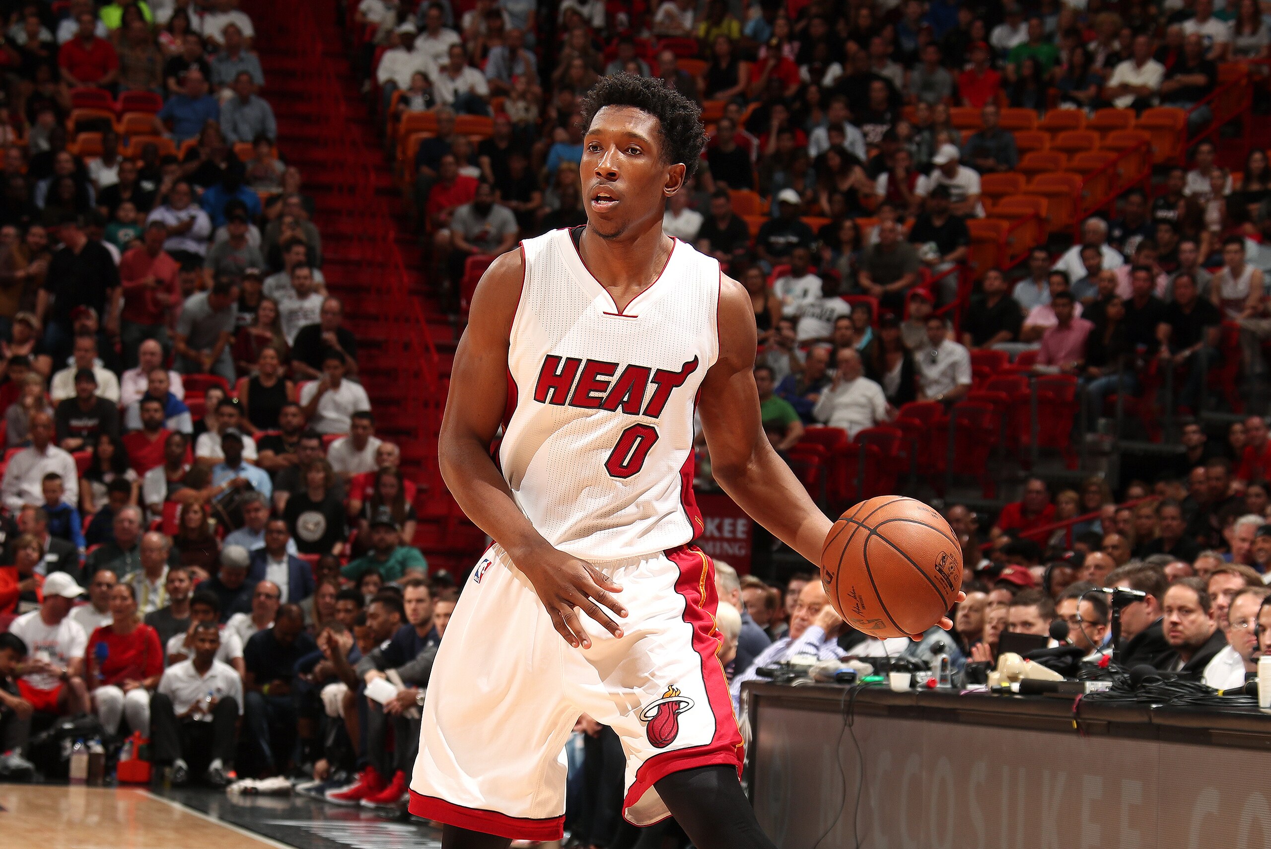 MIAMI, FL - APRIL 12: Josh Richardson #0 of the Miami Heat handles the ball during the game against the Washington Wizards on April 12, 2017 at AmericanAirlines Arena in Miami, Florida. NOTE TO USER: User expressly acknowledges and agrees that, by downloa