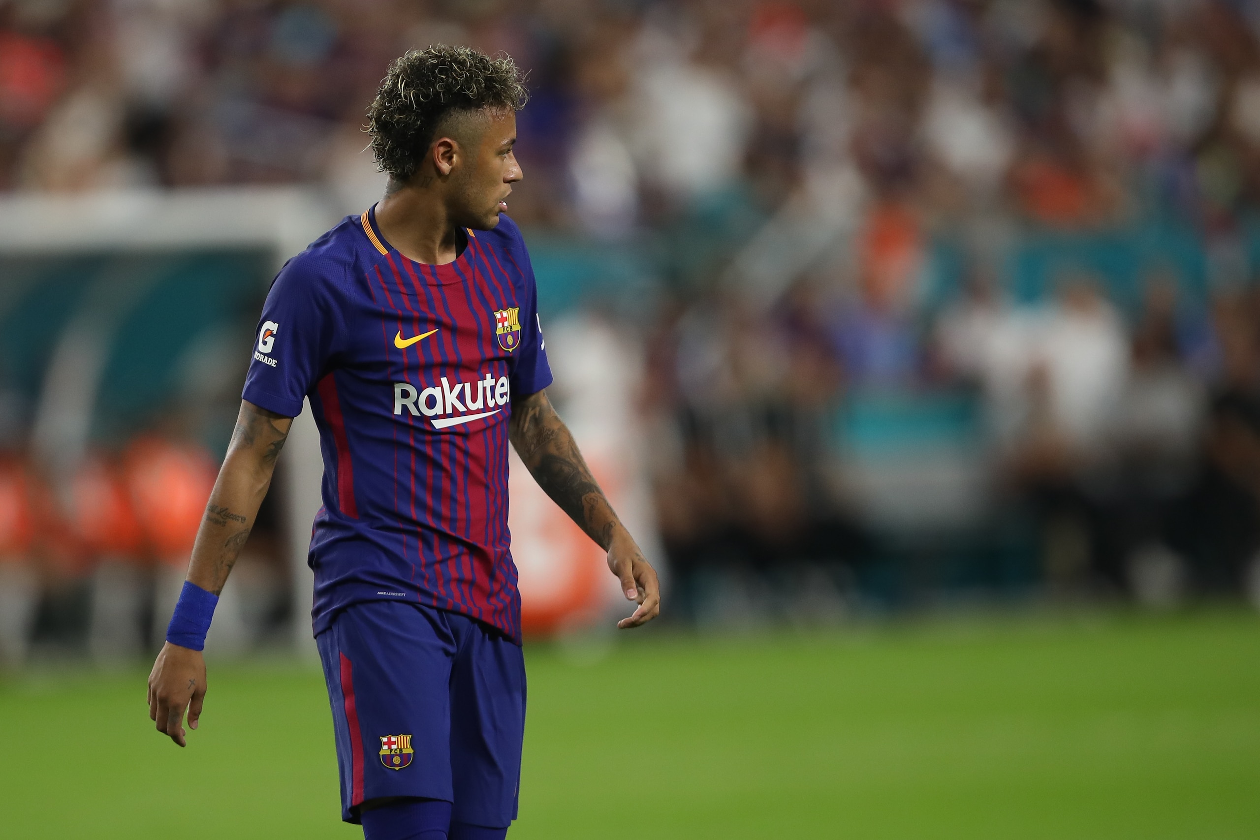 MIAMI GARDENS, FL - JULY 29: Neymar of FC Barcelona during the International Champions Cup 2017 match between Real Madrid and FC Barcelona at Hard Rock Stadium on July 29, 2017 in Miami Gardens, Florida. (Photo by Robbie Jay Barratt - AMA/Getty Images)