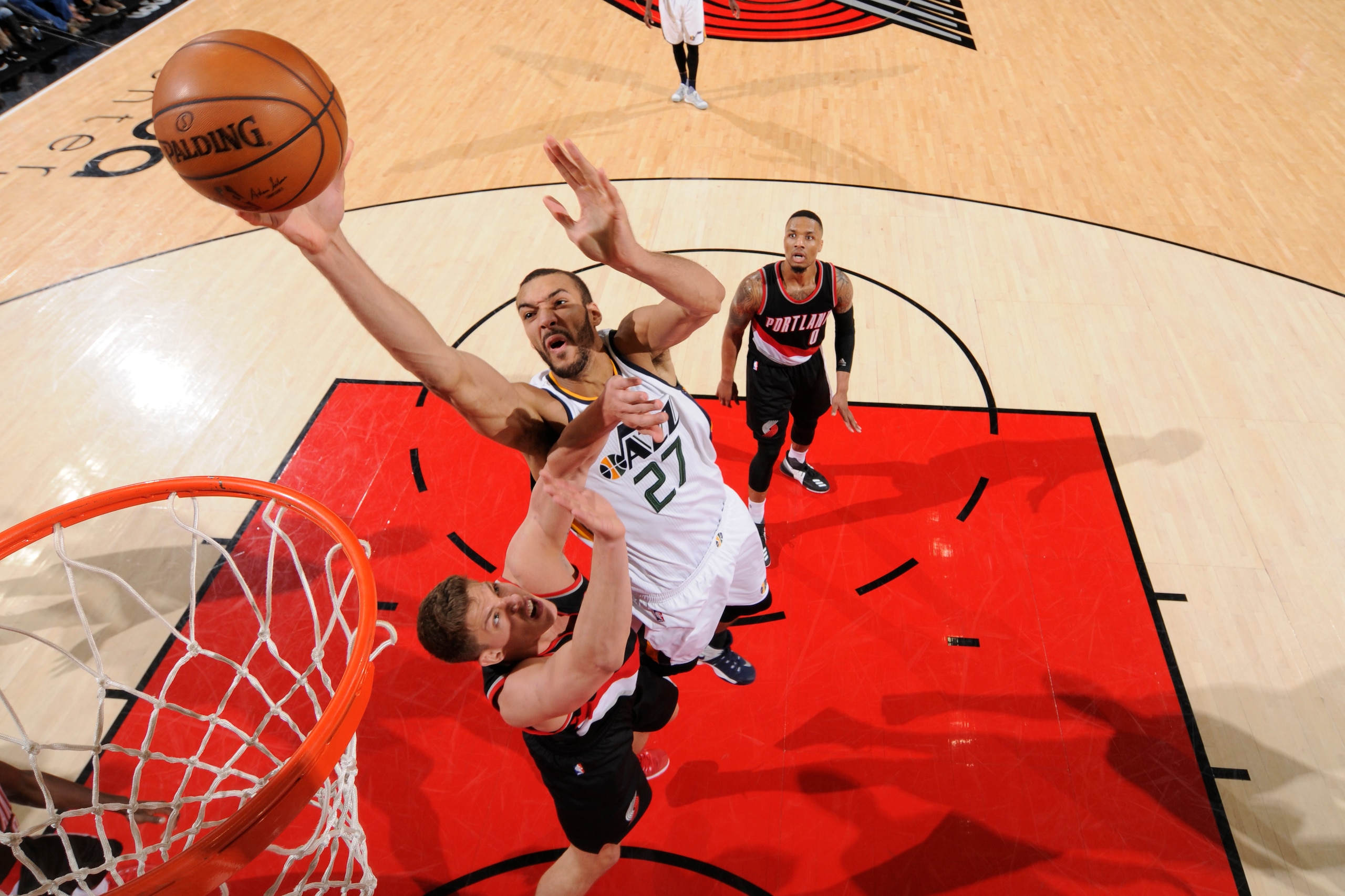 PORTLAND, OR - APRIL 8: Rudy Gobert #27 of the Utah Jazz shoots the ball against the Portland Trail Blazers on April 8, 2017 at the Moda Center in Portland, Oregon. NOTE TO USER: User expressly acknowledges and agrees that, by downloading and or using thi