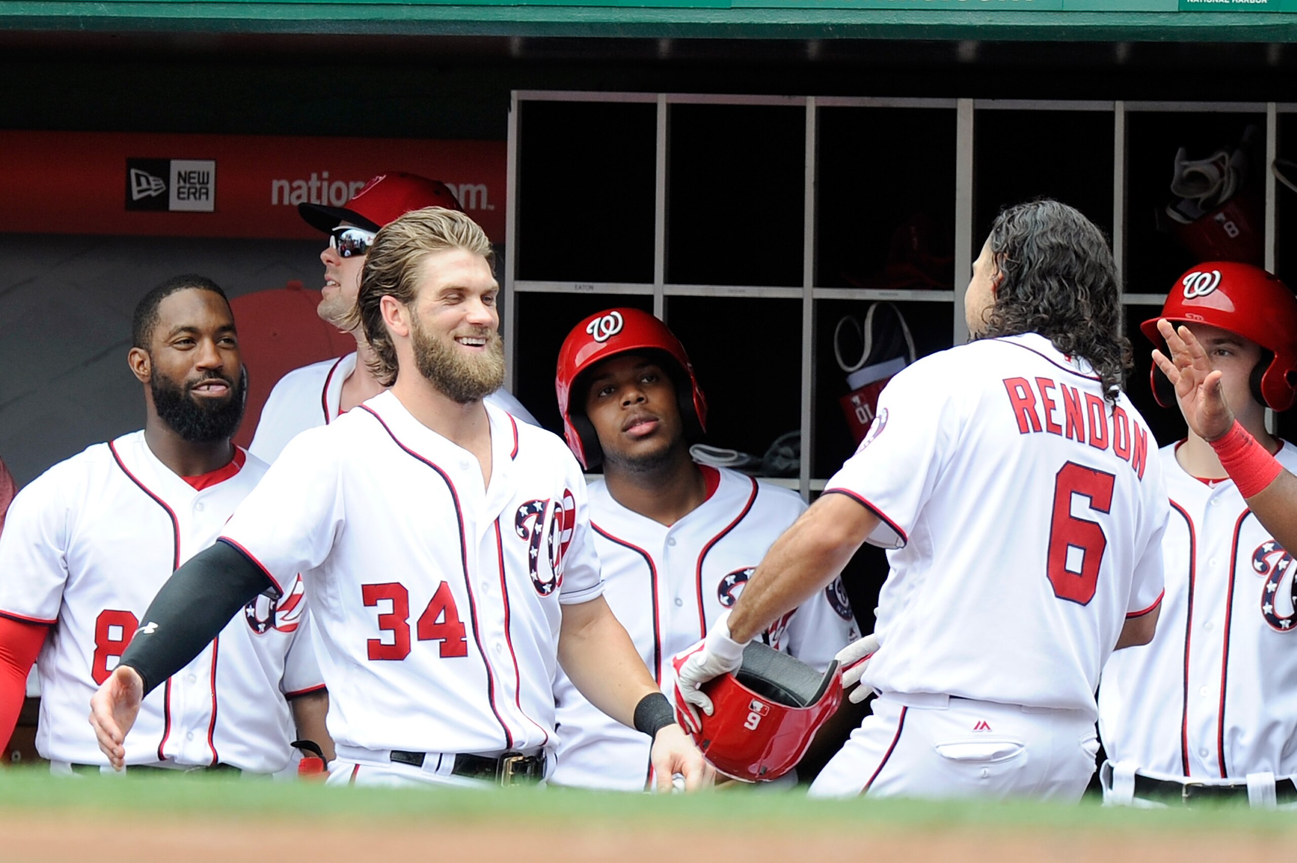 WASHINGTON, DC - JULY 27:  Anthony Rendon #6 of the Washington Nationals celebrates with Bryce Harper #34 after hitting a home run in the third inning against the Milwaukee Brewers at Nationals Park on July 27, 2017 in Washington, DC.  (Photo by G Fiume/G