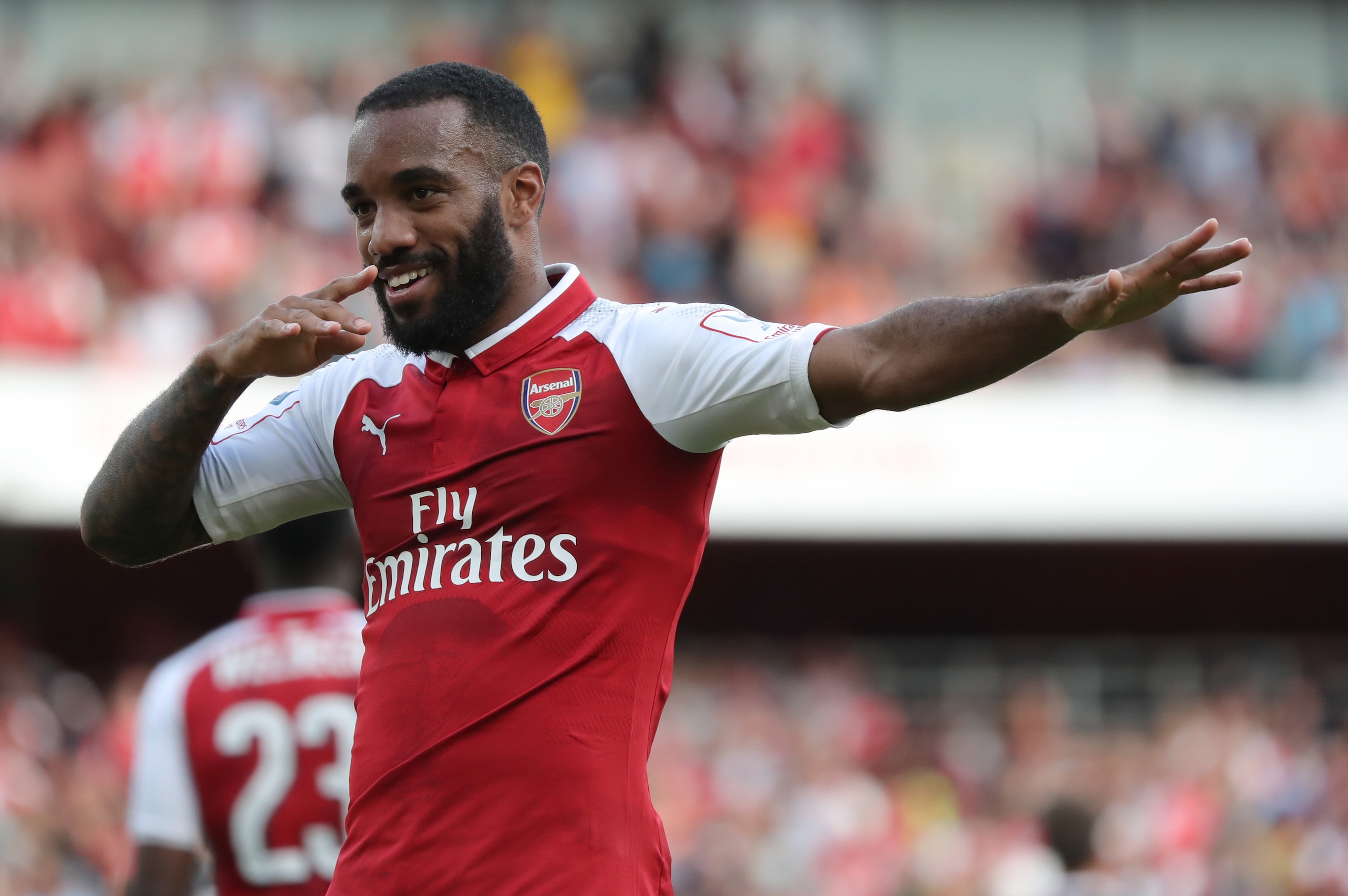 LONDON, ENGLAND - JULY 30: Alexandre Lacazette of Arsenal celebrates scoring a goal during the Emirates Cup match between Arsenal and Sevilla at The Emirates Stadium on July 30, 2017 in London, United Kingdom. (Photo by Mitchell Gunn/Getty Images)