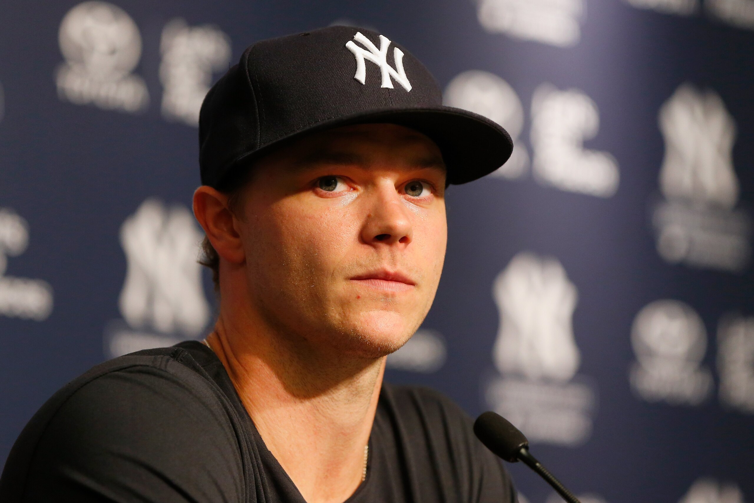 NEW YORK, NY - AUGUST 01:  Sonny Gray #55 of the New York Yankees speaks to the media prior to a game against the Detroit Tigers at Yankee Stadium on August 1, 2017 in the Bronx borough of New York City.  (Photo by Jim McIsaac/Getty Images)