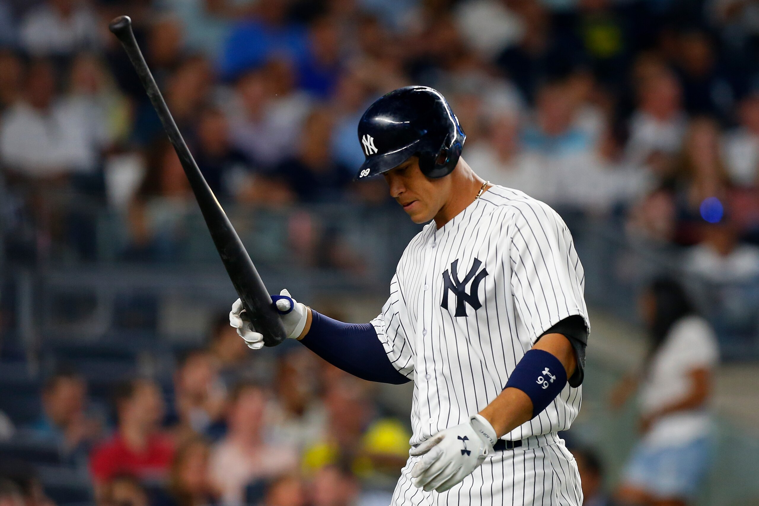 NEW YORK, NY - AUGUST 01:  Aaron Judge #99 of the New York Yankees reacts after striking out to end the fifth inning against the Detroit Tigers at Yankee Stadium on August 1, 2017 in the Bronx borough of New York City.  (Photo by Jim McIsaac/Getty Images)