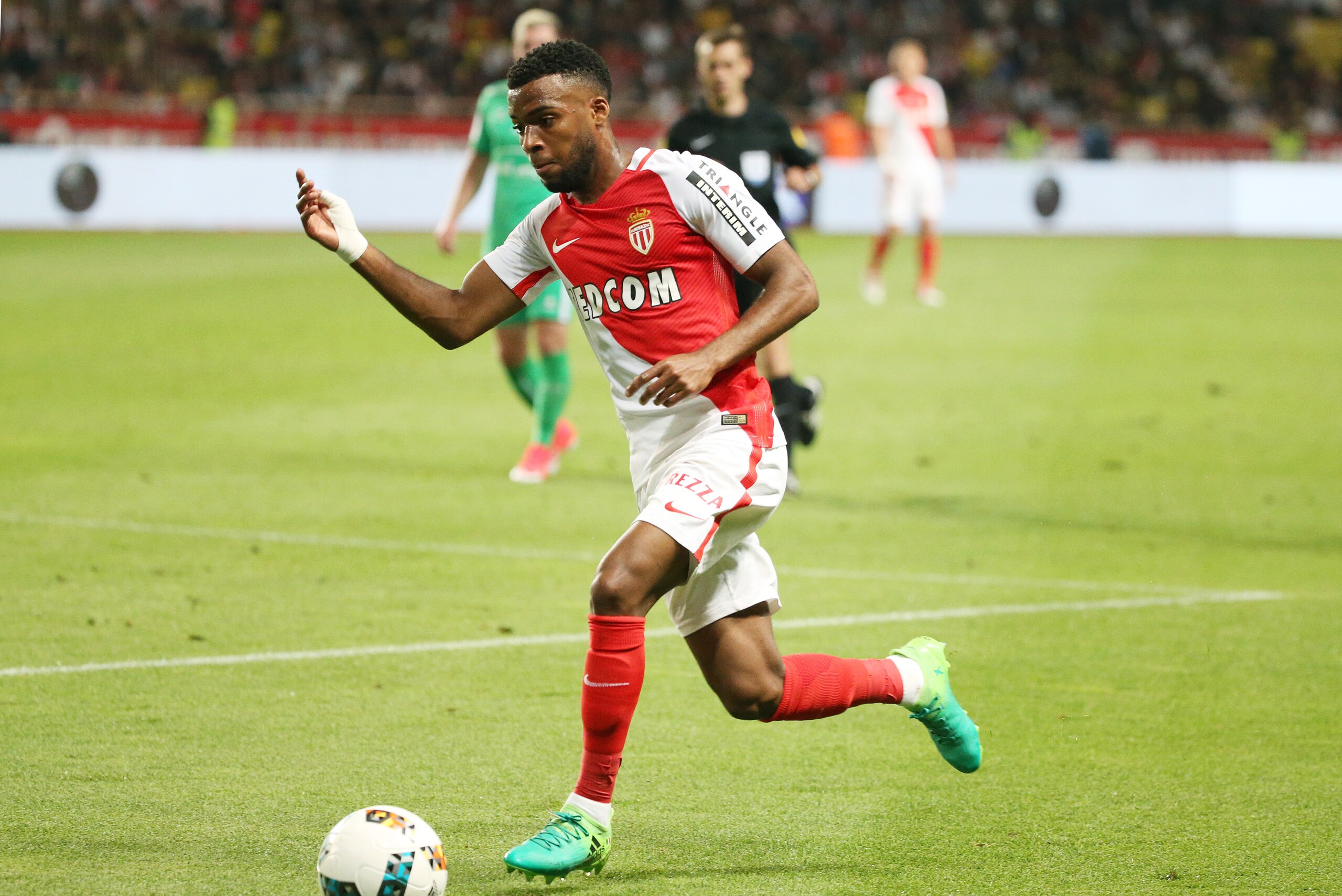 MONACO, MONACO - MAY 17: Thomas Lemar of Monaco in action during the French Ligue 1 match between AS Monaco and AS Saint-Etienne (ASSE) at Stade Louis II on May 17, 2017 in Monaco, Monaco. (Photo by Jean Catuffe/Getty Images)