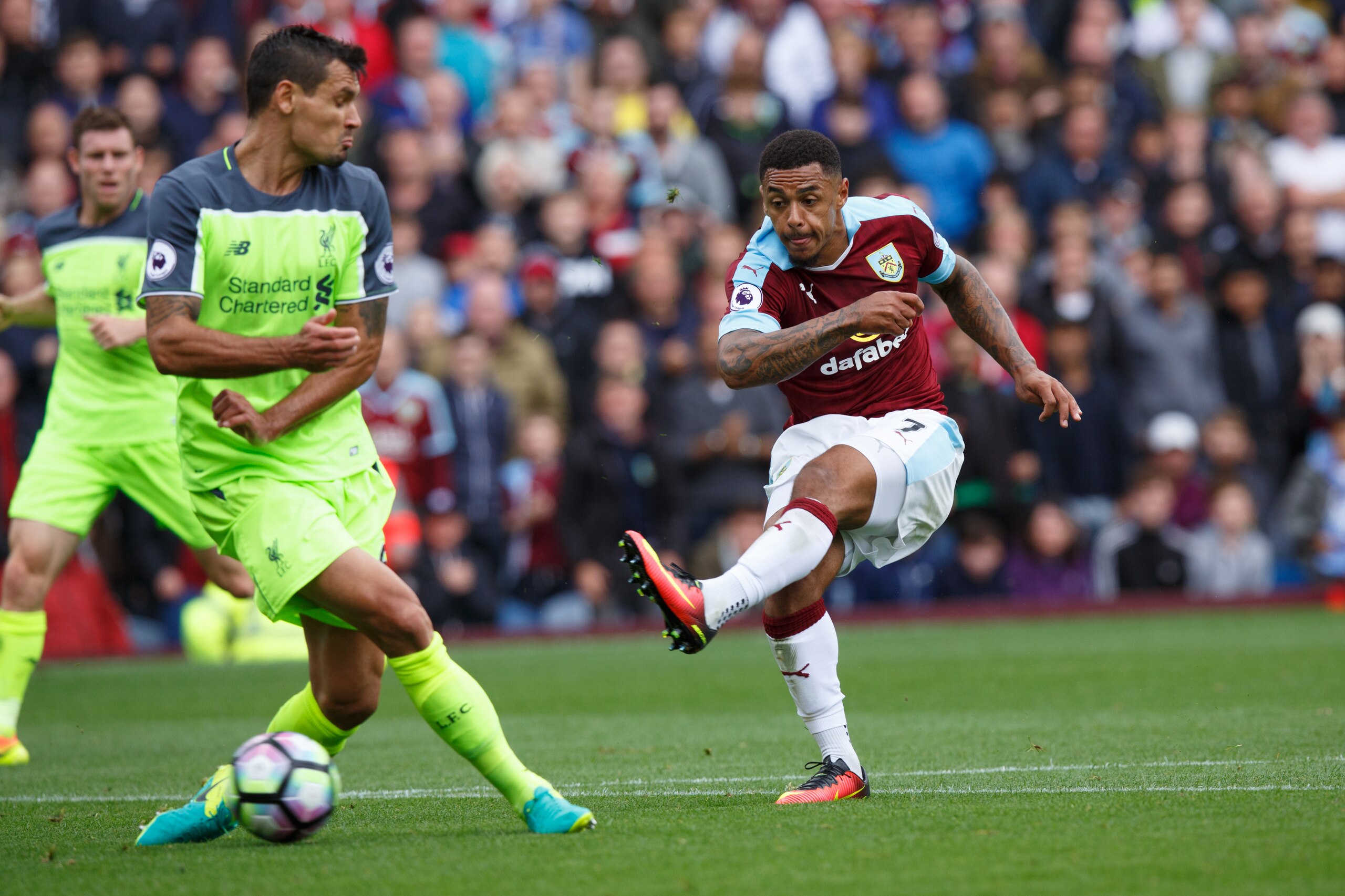 BURNLEY, ENGLAND - AUGUST 20: Andre Gray of Burnley scores a goal to make it 2-0 during the Premier League match between Burnley and Liverpool at Turf Moor on August 20, 2016 in Burnley, England. (Photo by Robbie Jay Barratt - AMA/Getty Images)