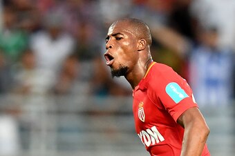 Monaco's French defender Djibril Sidibe  celebrates scoring the opening goal during the French Trophy of Champions (Trophee des Champions) football match between Monaco (ASM) and Paris Saint-Germain (PSG) on July 29, 2017, at the Grand Stade in Tangiers. 