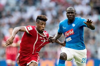 MUNICH, GERMANY - AUGUST 02:  Kingsley Coman of FC Bayern Muenchen is challenged by Kalidou Koulibaly of SSC Napoli during the Audi Cup 2017 match between SSC Napoli and FC Bayern Muenchen at Allianz Arena on August 2, 2017 in Munich, Germany.  (Photo by 