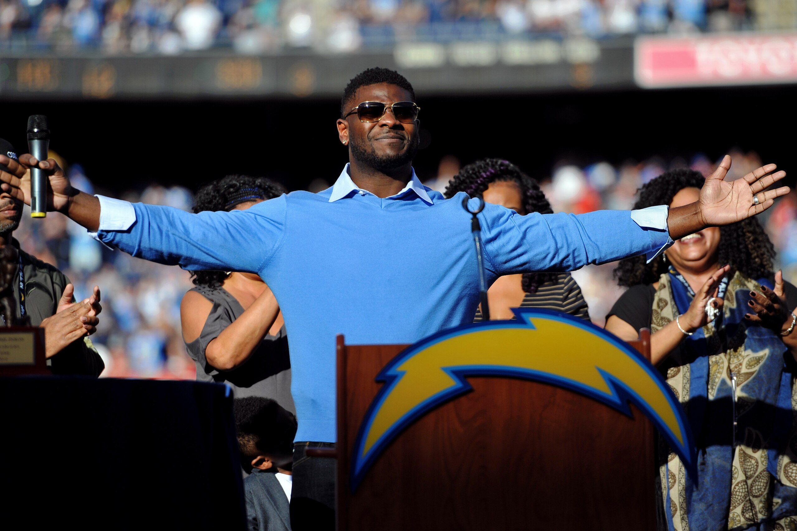 Nov 22, 2015; San Diego, CA, USA; Former San Diego Chargers running back Ladainian Tomlinson during his Charger Hall of Fame introduction during halftime of the game against the Kansas City Chiefs at Qualcomm Stadium. Mandatory Credit: Orlando Ramirez-USA