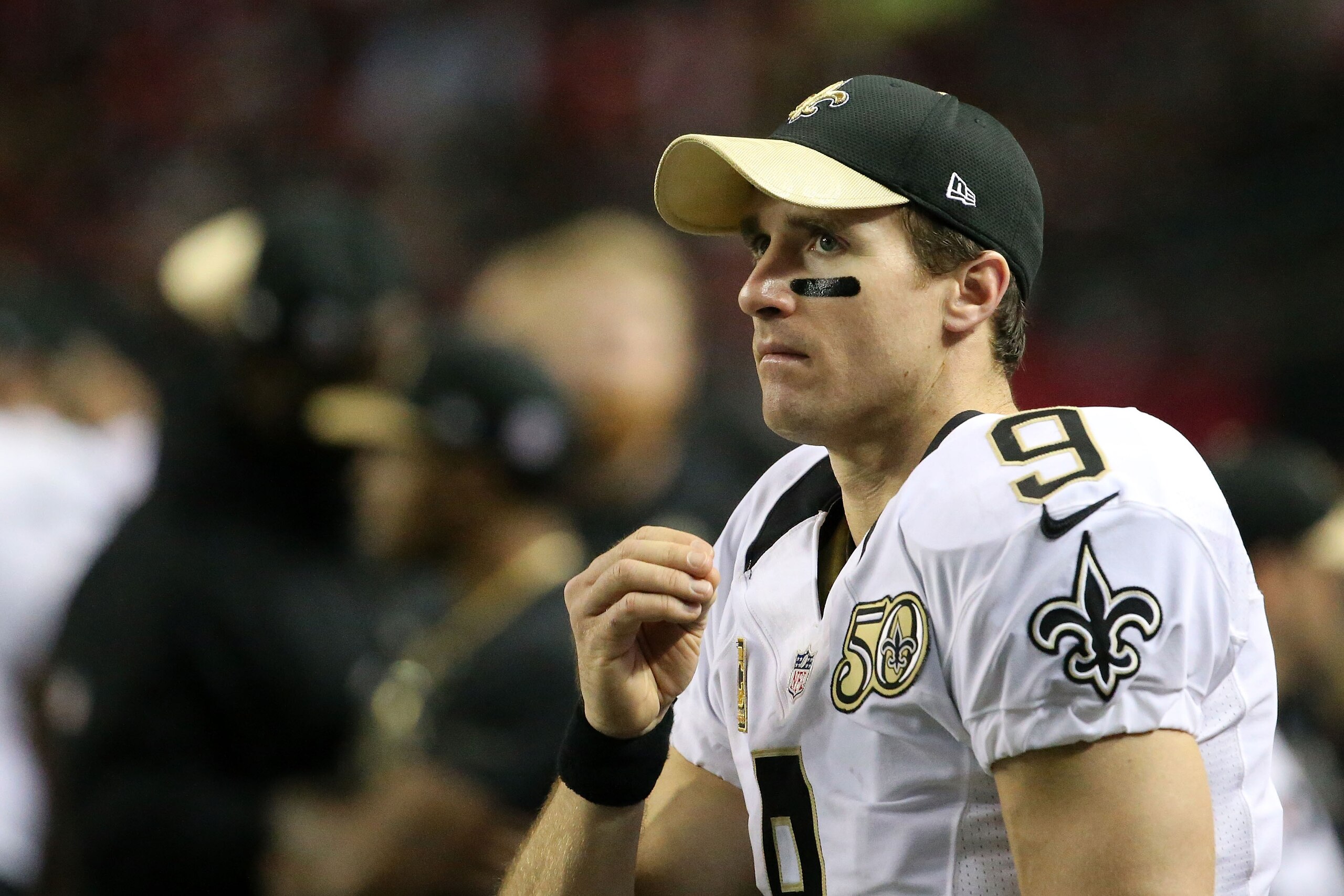 ATLANTA, GA - JANUARY 01: Drew Brees #9 of the New Orleans Saints looks on from the sidelines during the second half against the Atlanta Falcons at the Georgia Dome on January 1, 2017 in Atlanta, Georgia. (Photo by Maddie Meyer/Getty Images)
